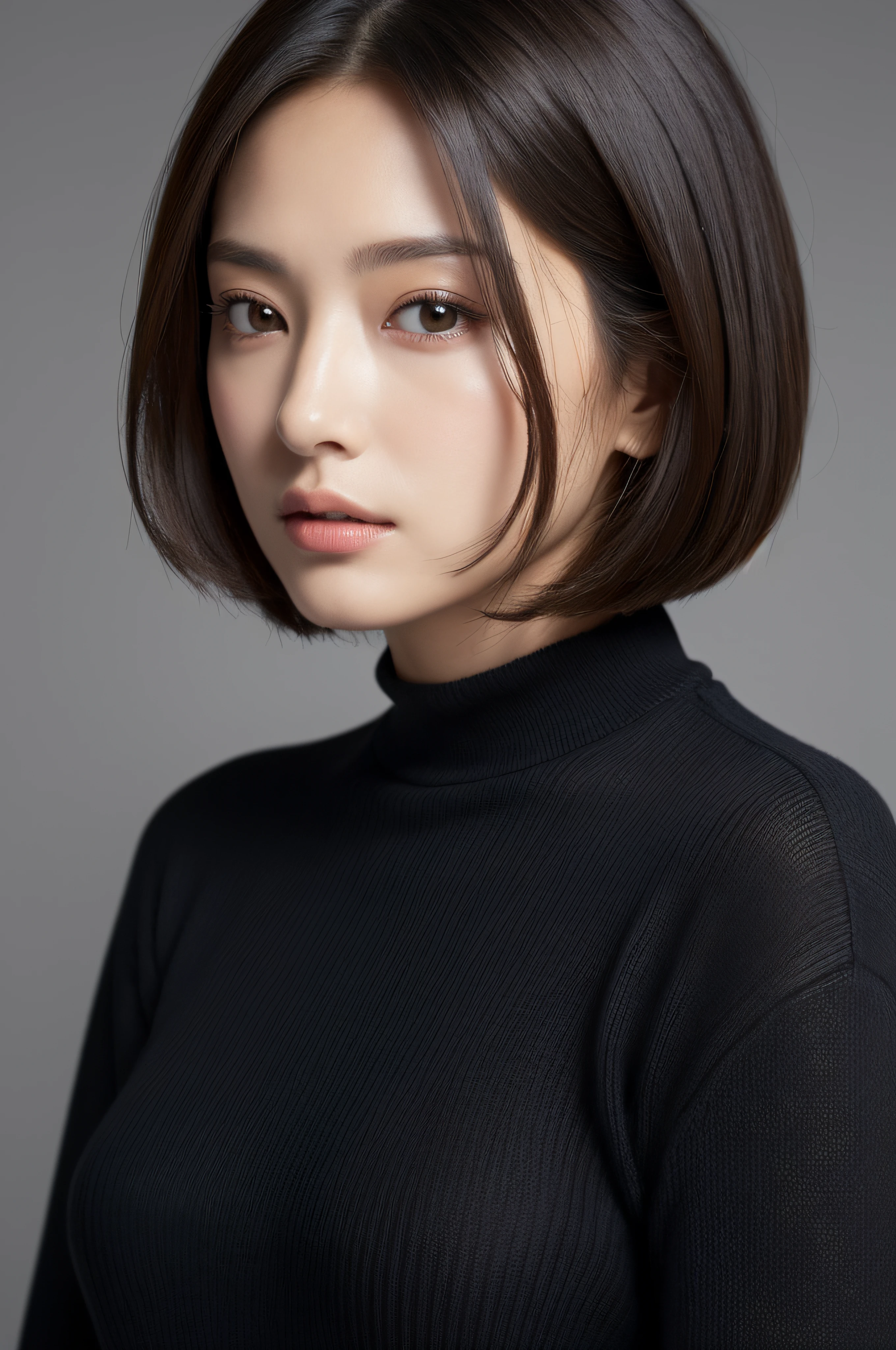 masuter piece:1.3)、(8K、Photorealsitic、Raw photography、top-quality: 1.4)、(1girl in)、Very beautiful face、(Very realistic face)、(A dark-haired、short-hair:1.3)、Very beautiful hairstyle、Very realistic eyes、Very beautiful details、（Very realistic skin）、Very beautiful skin、（Sweaters）、absurderes、Very attractive、超A high resolution、A hyper-realistic、high-detail、the golden ratio.