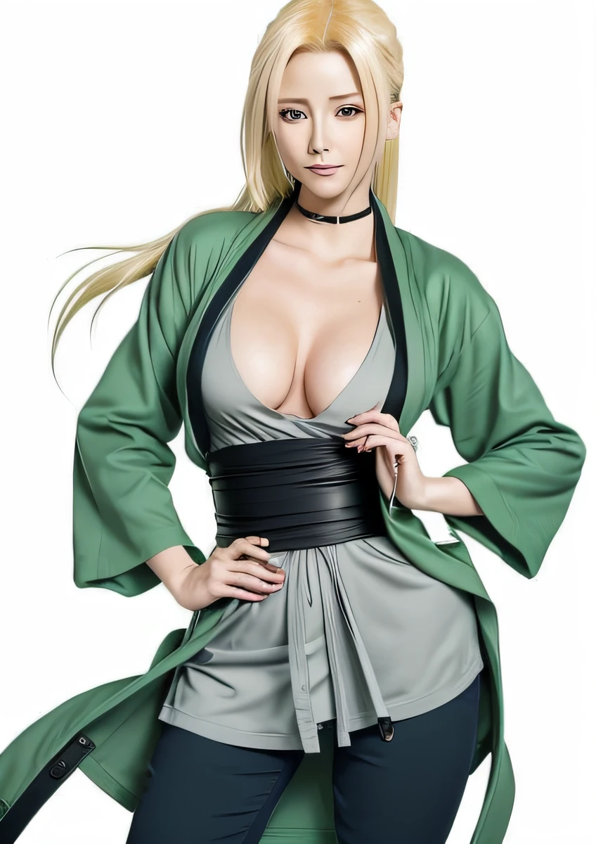 a woman smirking in a green coat and jeans with a ponytail posing for a picture , tsunade from naruto, from naruto, female anime character, inspired by Kusumi Morikage, inspired by Nishikawa Sukenobu, tatsumaki from one punch man, wearing only a green robe, kunoichi, dressed in a green robe, haruno sakura, anime character, high quality, realistic,