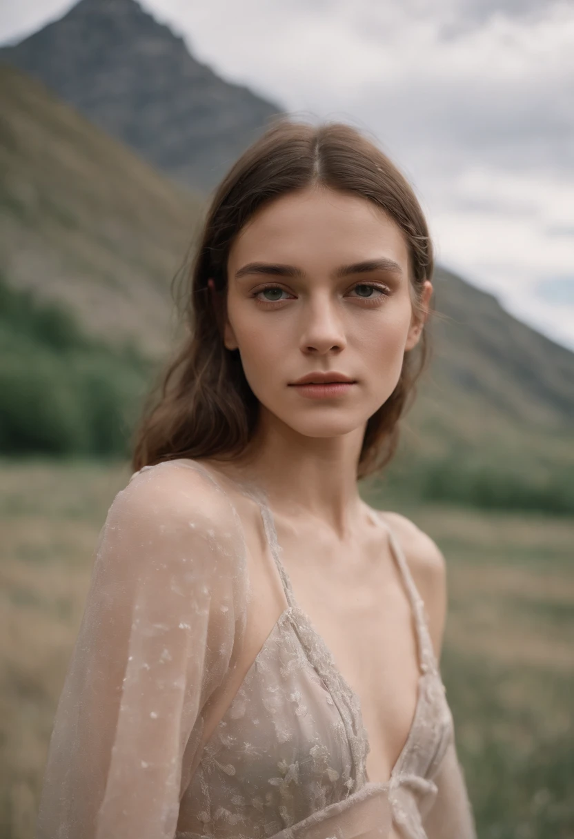mountains, in the style of rap aesthetics, Schizocor, Ferdinand Hodler, a photo of a, made with Fujifilm Superia, Charlie Amani, Oversized portraits, Babycore , model Kaia Gerber in standing in a swimsuit