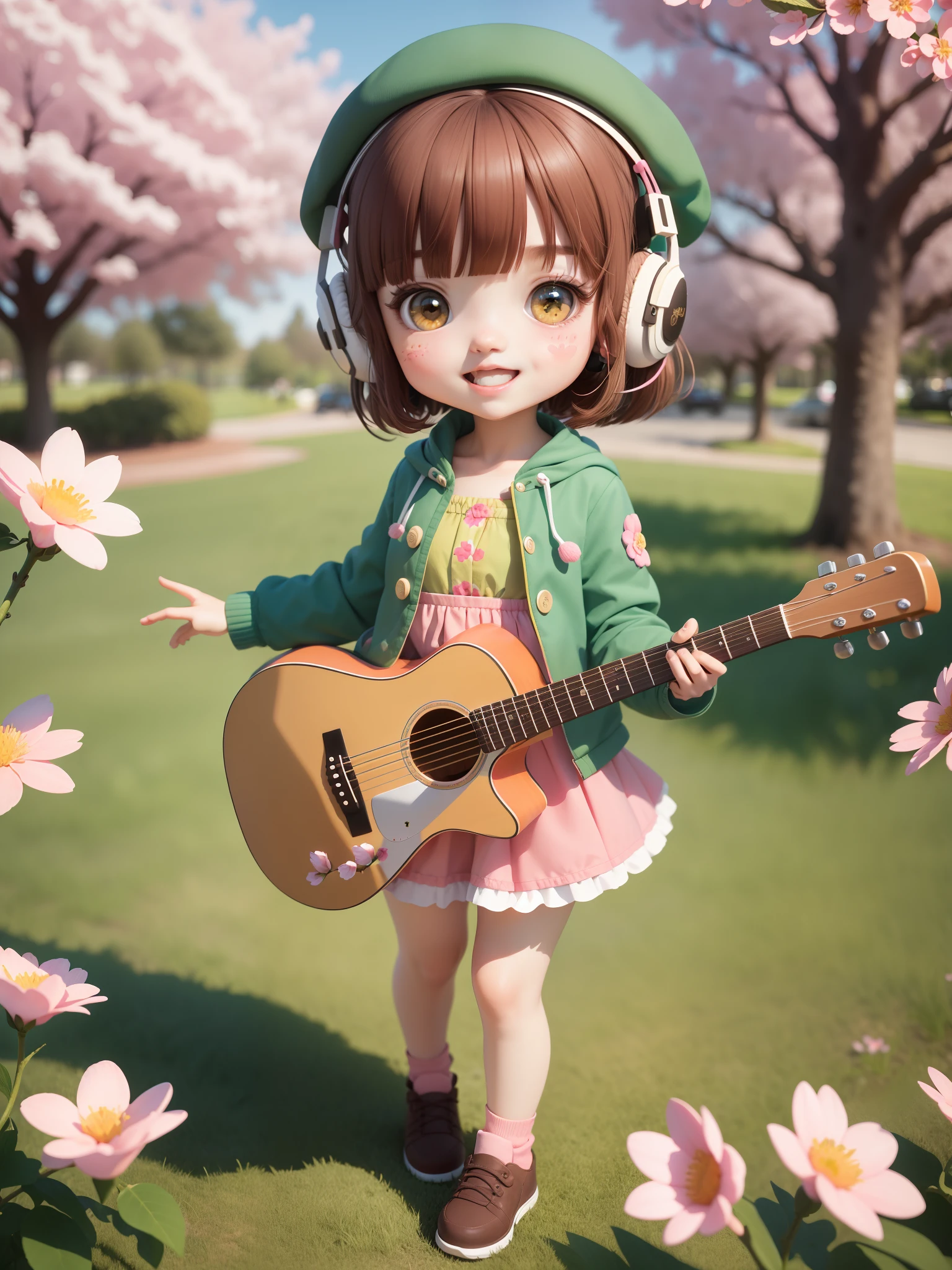 (masterpiece),(best quality),(ultra-detailed), (full body:1.2), 1girl,chibi,cute, smile, open mouth, flower, outdoors, playing guitar, music, beret, holding guitar, jacket, blush, tree, :3, shirt, short hair, cherry blossoms, green headwear, blurry, brown hair, blush stickers, long sleeves, bangs, headphones, black hair, pink flower, (beautiful detailed face), (beautiful detailed eyes),