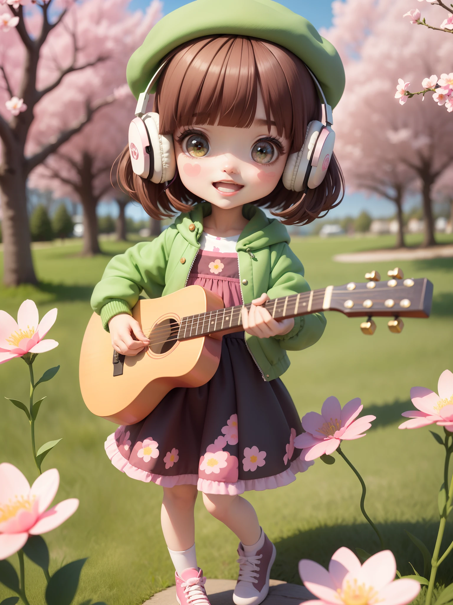 (masterpiece),(best quality),(ultra-detailed), (full body:1.2), 1girl,chibi,cute, smile, open mouth, flower, outdoors, playing guitar, music, beret, holding guitar, jacket, blush, tree, :3, shirt, short hair, cherry blossoms, green headwear, blurry, brown hair, blush stickers, long sleeves, bangs, headphones, black hair, pink flower, (beautiful detailed face), (beautiful detailed eyes),