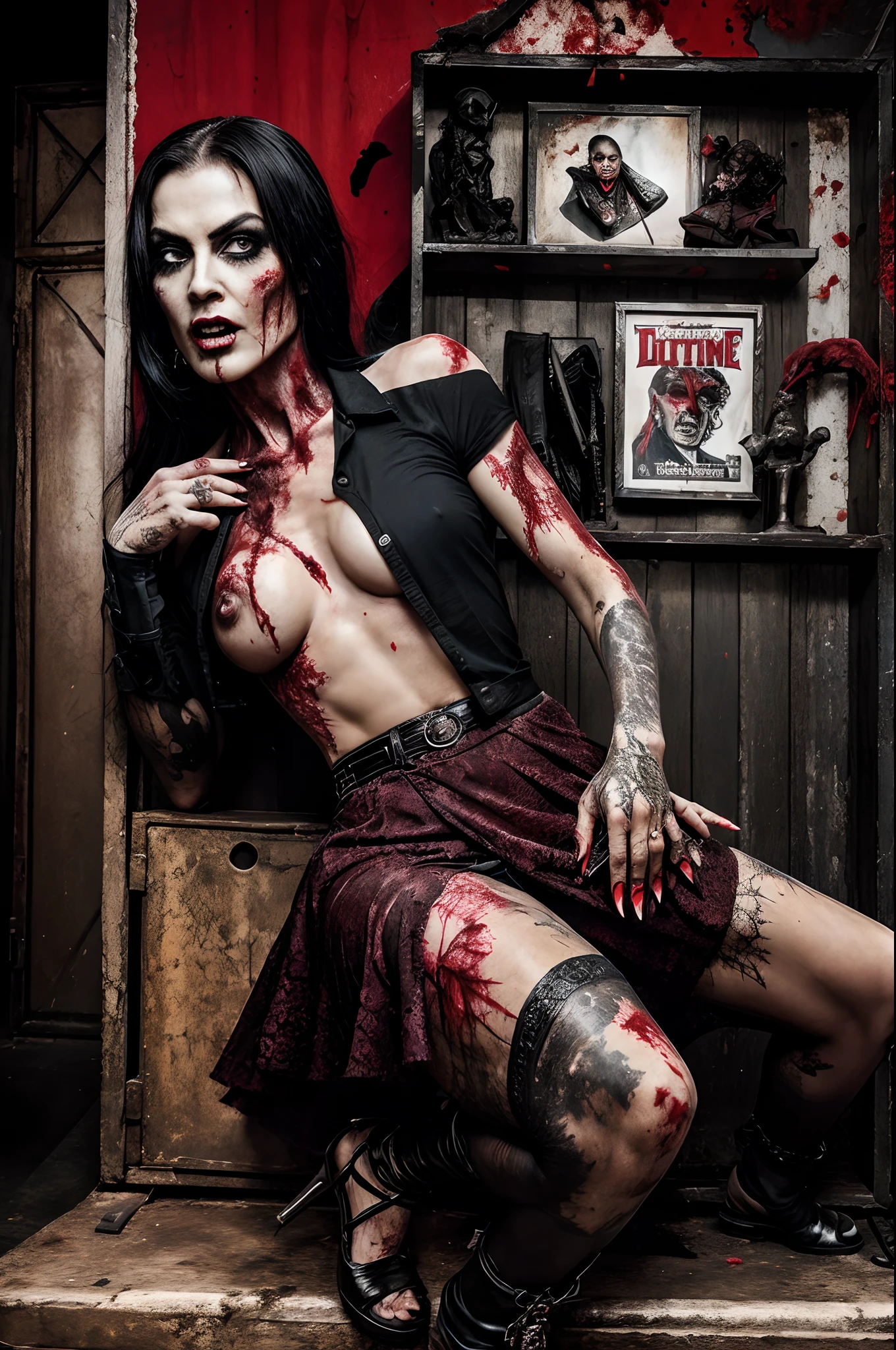 An cocky badass arrogant offensive attitude of superiority bloodly grotesque gruesome showgirl zombie holding a brain eating the brain,