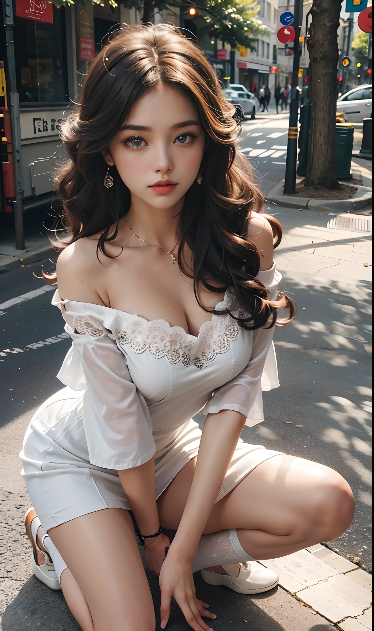 ((Little girl standing on the sidewalk in New York)）, Silver hair, Bangs, Blunt bangs, Long straight hair, aqua eyes, longeyelashes, Solid Circle Eyes, makeup, Open mouth, blush, Parted lips, Bright pupils, smiley, Seductive smile, glint, surrealism, Modern、Black pantyhose、high-heels、（(Pure white dress、Floral dress、、off shoulders、: 1.6)）、Skyscrapers are hazy in the windows、mix４、((Skirt soars in the wind)),((Eyes closed))、((yawning being)),((T-back panties are visible))