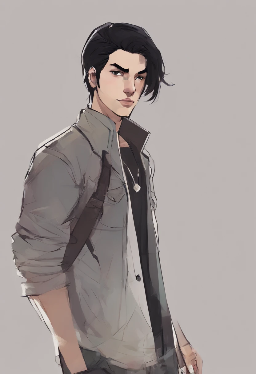 A young man with black hair and fair skin, wearing casual clothing in dark shades.