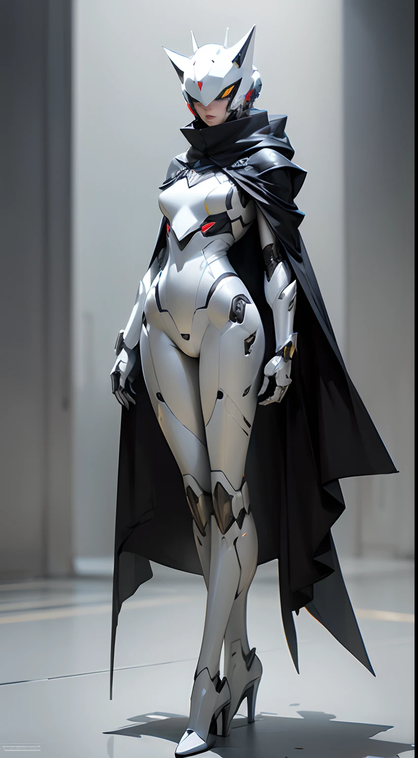 full body shot, hyper realistic, white celestial catwoman mecha bot, wearing minimalist angular mecha gundam mask, wearing cybernetic techwear cloak, sleek design, dark fantasy, futuristic environment, heroic pose, --niji 5