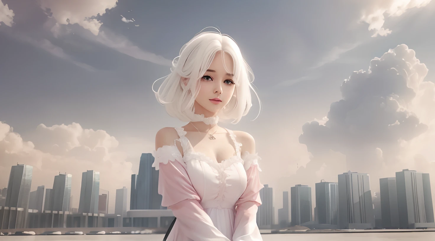 White hair, soft pink dress