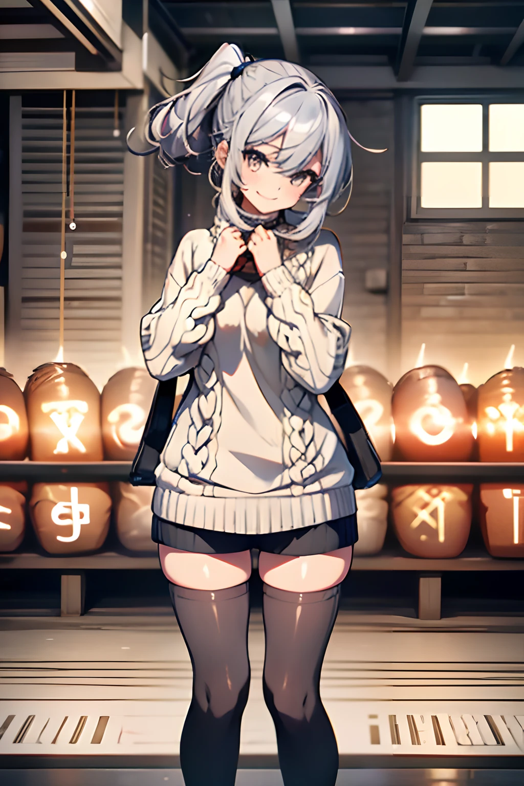 Girl in stockings,,Sexy,((Skinny)) sporty figure,((Dressed in a New Year's sweater)), But the stocking is visible,(hairstyle: high ponytail) Looks with love,Smiling,Love,gray hair color,(Skinny Legs)Against the backdrop of a cozy home,
