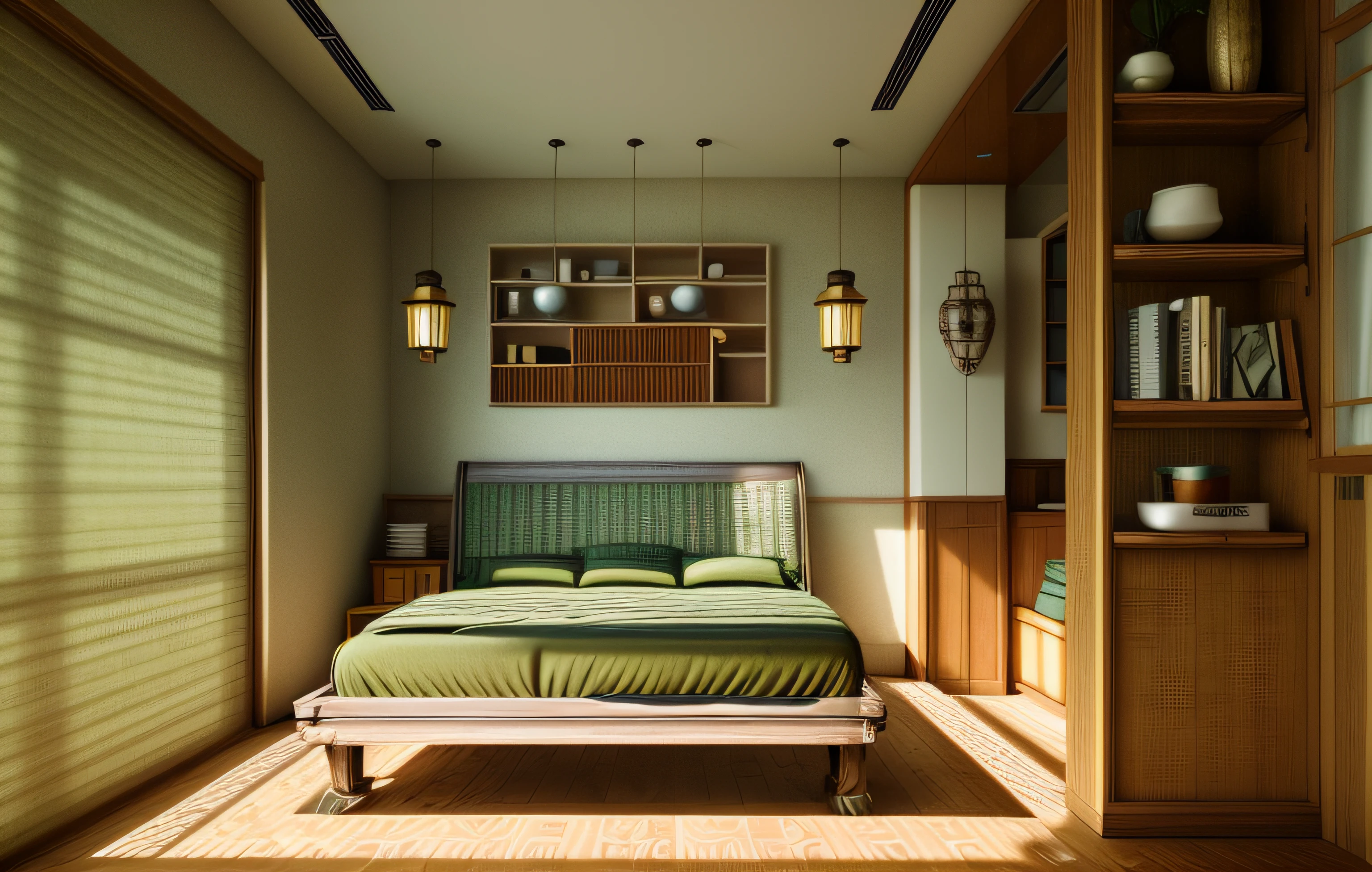 Interior design、Crazy detailed wide-angle building photos、cozy contemporary living room、(Bright warm sunshine 1:0.1)、award-winning contemporary interior design、Landscapes、DL、a chair、in a house、wooden floor、window、dining room、east asian east asian architecture、Sliding paper doors、lamp lights、buliding、the woods、naturey、Cups、A plant、Interior design、Insert lights and shadows、depth of fields、low illuminance