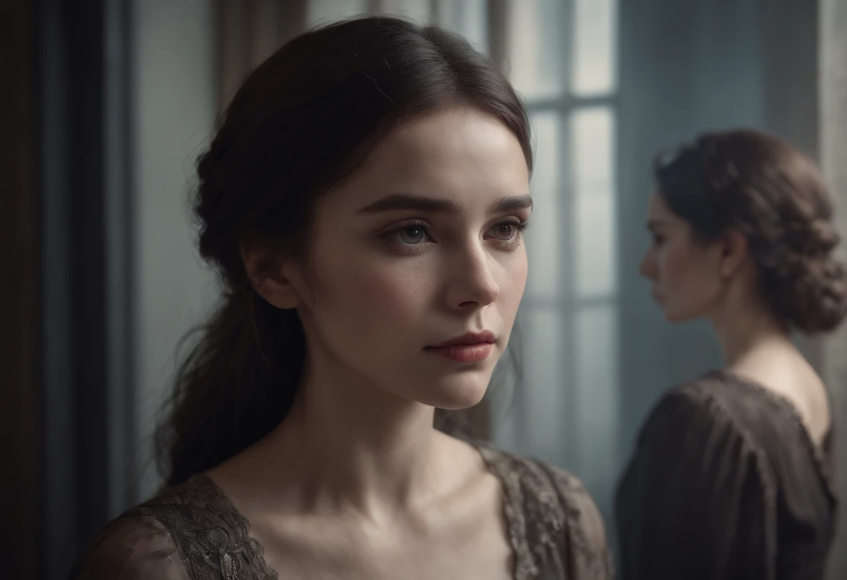 sad woman looking at her reflection,illustration,emotional expression,lonely,monochrome,subtle lighting,soft shadows,faded colors,reflection in a mirror,beautiful detailed eyes,distressed facial features,fine brushstrokes,texture of the skin,vintage style,old-fashioned clothing,silhouette of a room,cracked mirror,tear rolling down her cheek,dark background