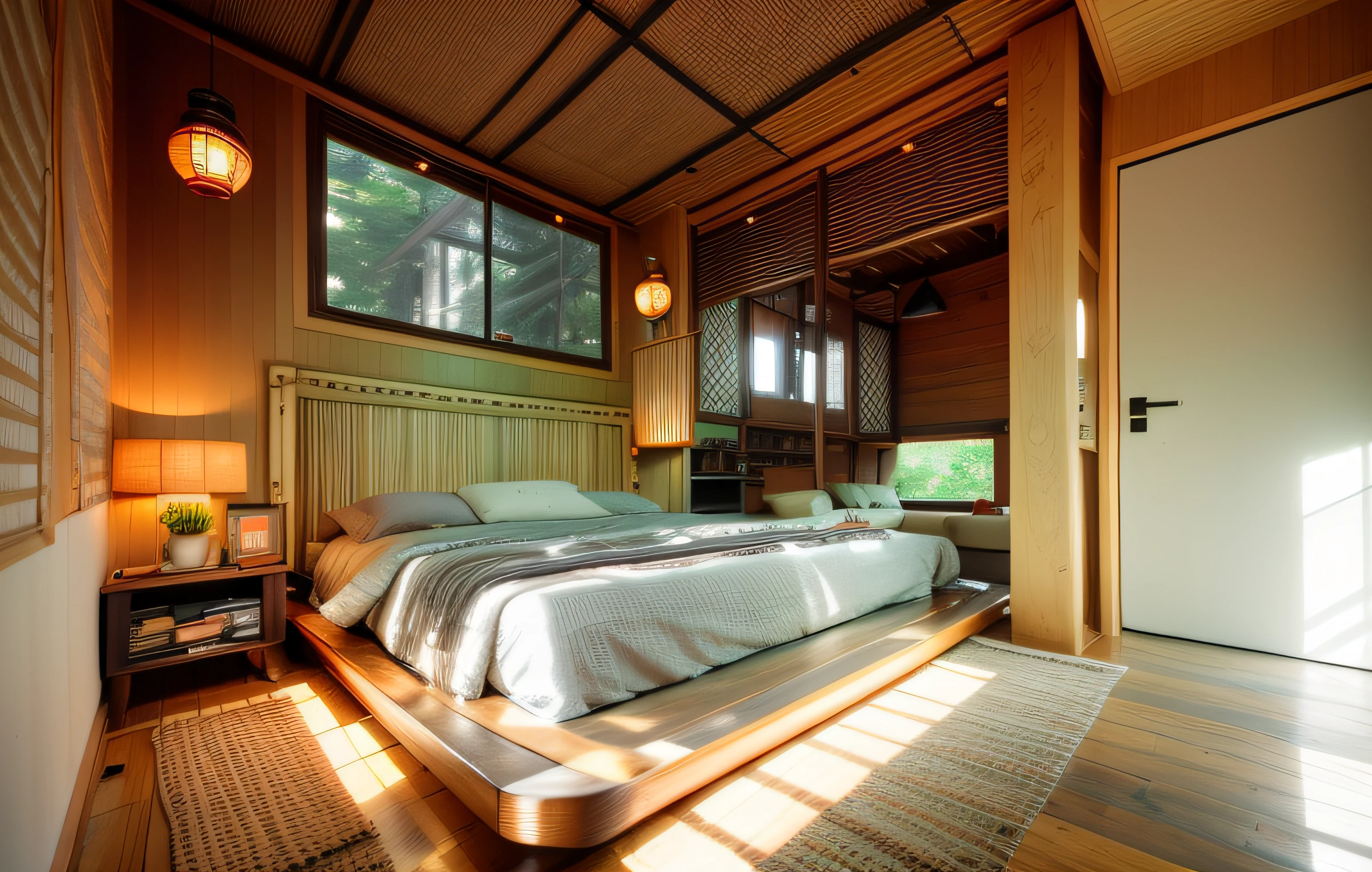Interior design、Crazy detailed wide-angle building photos、cozy contemporary living room、(Bright warm sunshine 1:0.1)、award-winning contemporary interior design、Landscapes、DL、a chair、in a house、wooden floor、window、dining room、east asian east asian architecture、Sliding paper doors、lamp lights、buliding、the woods、naturey、Cups、A plant、Interior design、Insert lights and shadows、depth of fields、low illuminance