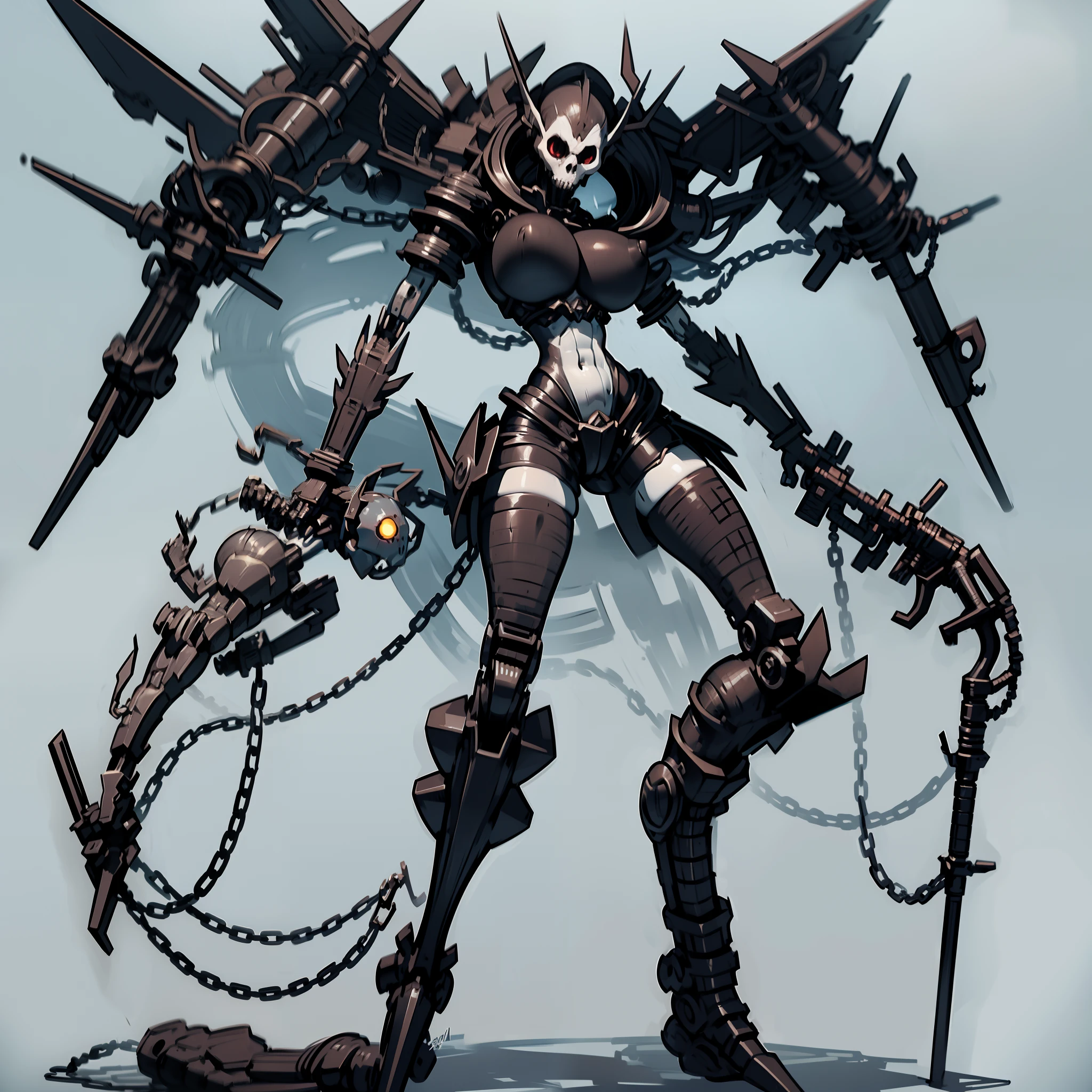 simple background, full body of 1girl, solo, mechanical limbs, glowing eyes, gray skin, female spawn by toddmcfarlane(cosplay), toon, (Punk Rock Necromancer Mecha), Decked out in leather, bikini, spikes, and chains, this mecha has a rebellious edge. Its robotic limbs resemble skeletal appendages, and it wields a skull-shaped staff. big breast, pretty huge boobs, motherly, dangerously great, exotic, amazing,,, masterpiece, best quality