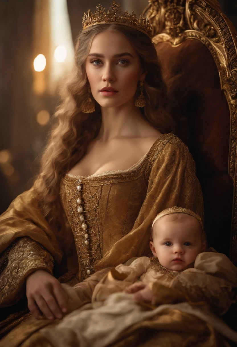 bestquality,10,highres,ultra-detail,portrait,Beautiful girl with long hair holding ,A rugged aristocracy.,mediaeval,Royal Costume,Inside the palace,Golden Throne,detailed facial features,Expressive eyes and lips,rich colors,gentle lighting