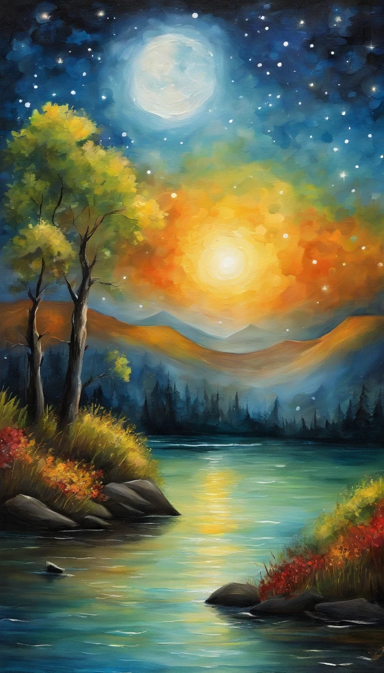 Night view of the old town,Seek and find,cheerless,The moon falls, the crescent moon falls into the lonely well,Fragmented,Bit by bit,There are flowers in dreams, green meadows in dreams,Long hair causes ripples,Shirabu Shishiiso,Kappa poles swing the boat,Crossing the ancient rare,(Small rivers),(Ancient boats),(There is a bright full moon in the distant night sky),(Shining stars),(Starcloud),(nighttime scene),(Inspired by Van Gogh:1.2),(Van Gogh starry sky painting style:1.2),OilPaintStyle,8k wallpaper,light and shadow effect,Tyndall,rendering by octane,White balance,Unreal 5,Extremely detailed picture,depth of fields,tmasterpiece,realisticlying,RAY