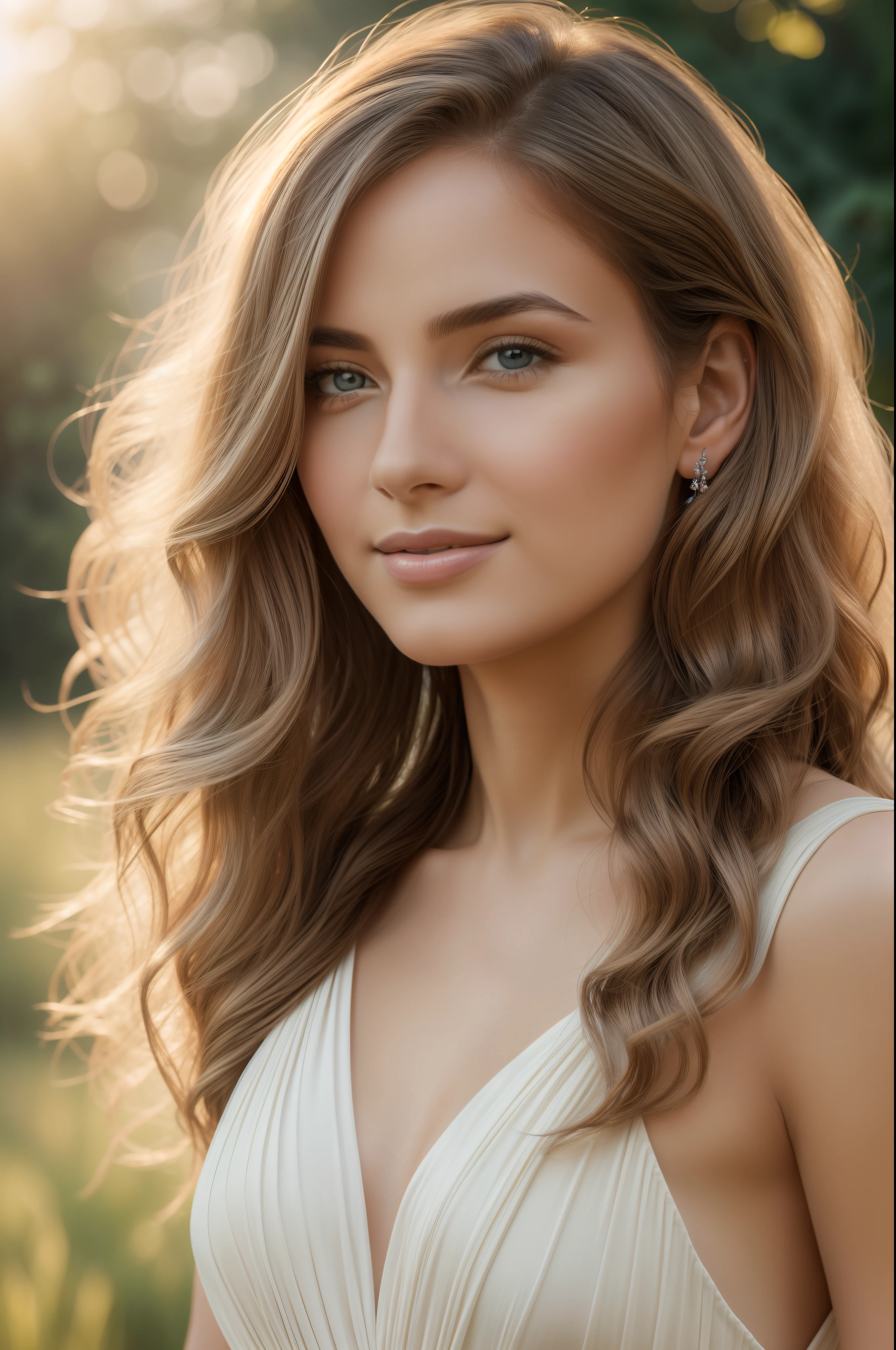 "(best quality,4k,8k,highres,masterpiece:1.2),ultra-detailed,(realistic,photorealistic,photo-realistic:1.37),1woman,solo,silver hair,detailed curls,long flowing locks,sundress,flowing fabric,gentle breeze,beautiful detailed eyes,delicate facial features,natural beauty,majestic presence,feminine charm,elegant pose,subtle smile,soft sunlight,classic portrait,premium quality,subtle color palette,graceful movement"