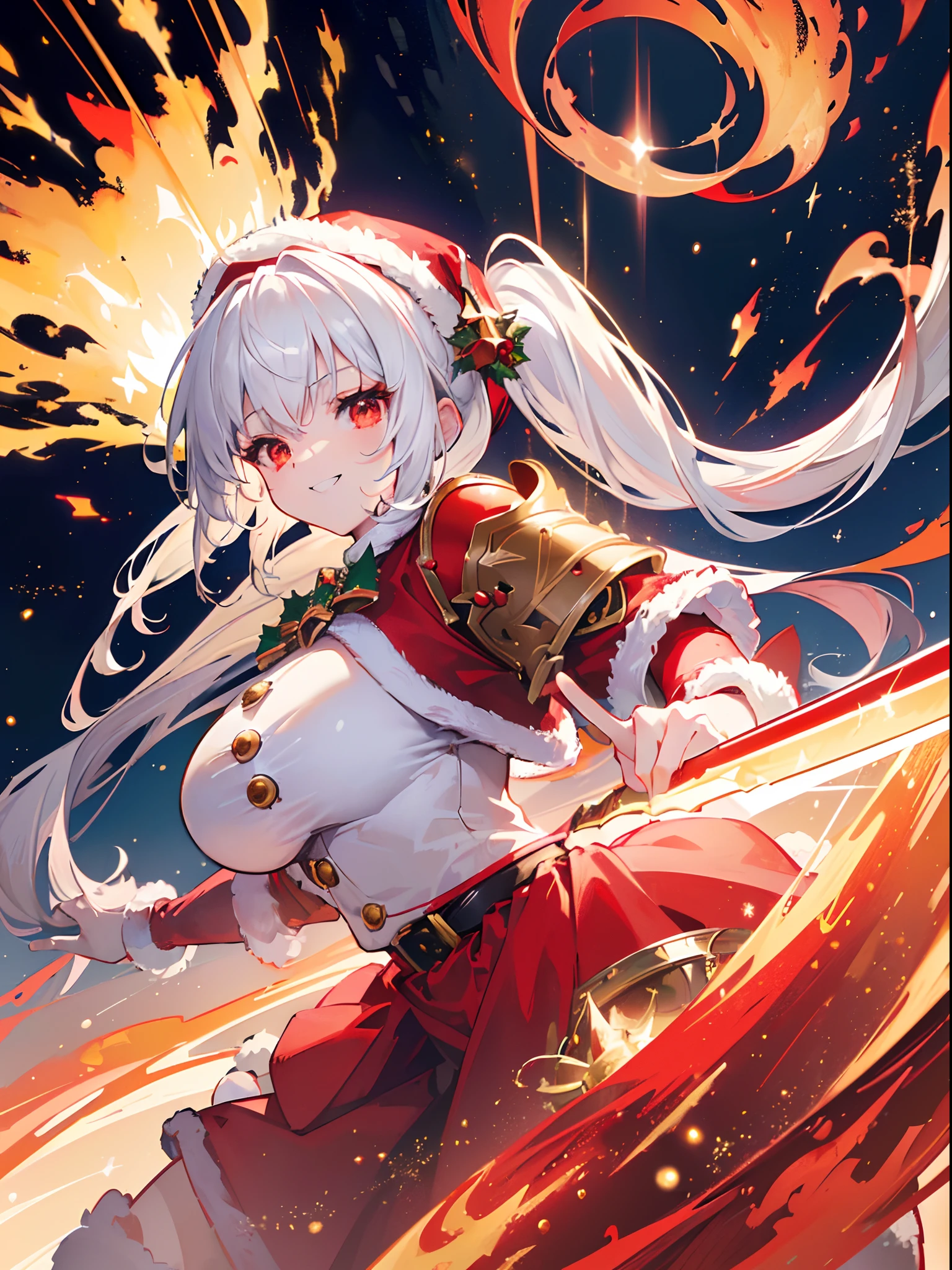 (Best Quality, masterpiece:1.3), Illustrations, Anime, Very high resolution, large filesize, full color, Beautiful detailed glow, Front light, 1girl, Solo, Christmas, (santa hat), ((Santa costume|Knight armor:1.3)), (gigantic sword:1.2), burning sword, Christmas Decorations, Smiling, White hair, Red Eyes, (Twintails), (Burning effects:1.4), Fighting, (Burning Background:1.4)