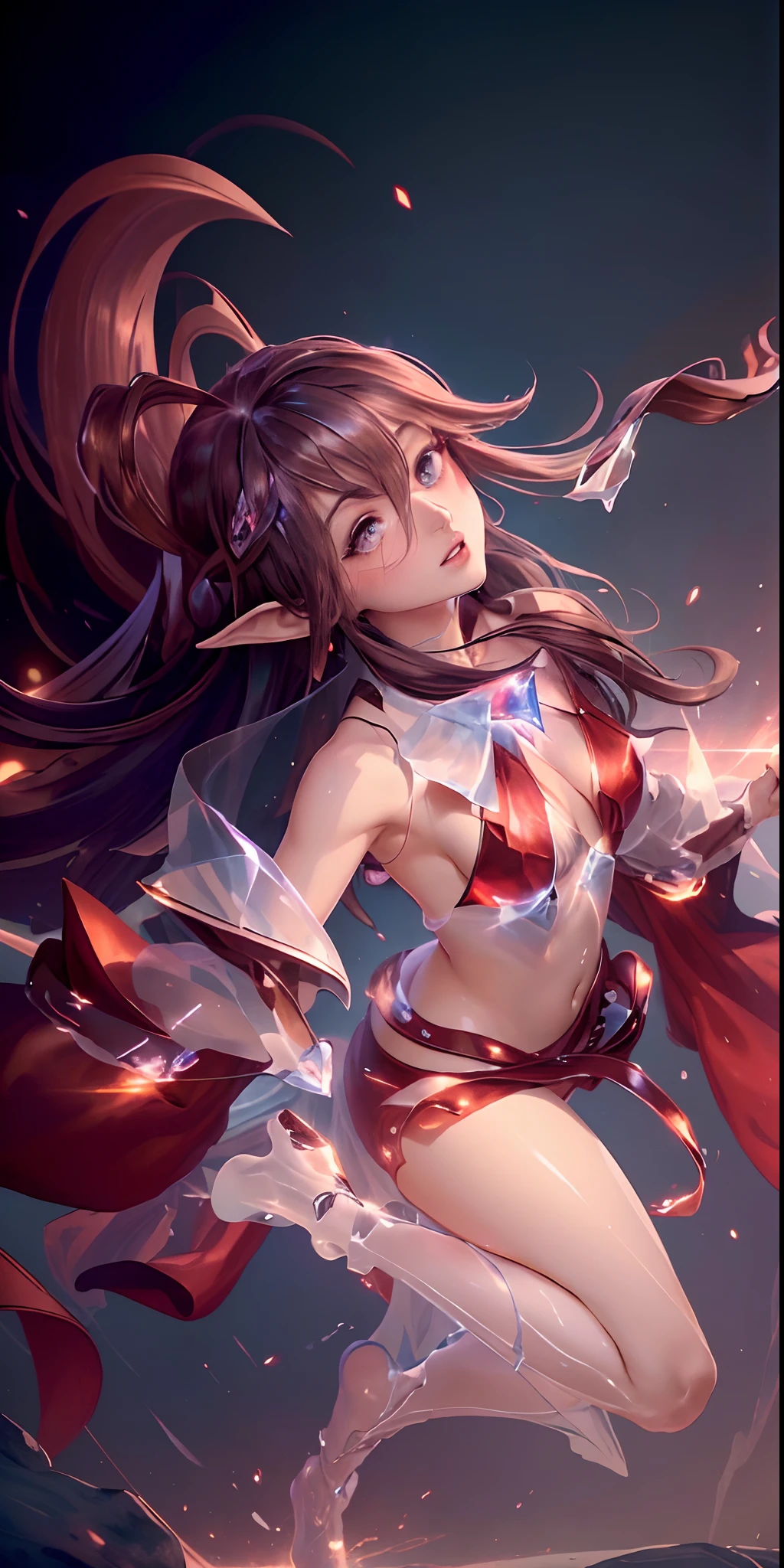 (masterpiece, top quality, best, official art, beautiful and aesthetically pleasing, long exposure: 1.2), smooth movement, charming patterns, 1 girl, (long dress with sleeves: 1.3), (((red dress) )), upper body close-up, bare shoulders, Chinese girl, blush, black lob hair, portrait, solo, upper body, looking at the observer, detailed background, detailed face, (crystallineAI, crystalline theme:1.1), elemental fire elf, rotation fire, control fire, ruby clothes, dynamic pose, floating particles, ethereal dynamics, fire, vapor, magma in the background, red tint, volcano, ethereal atmosphere,