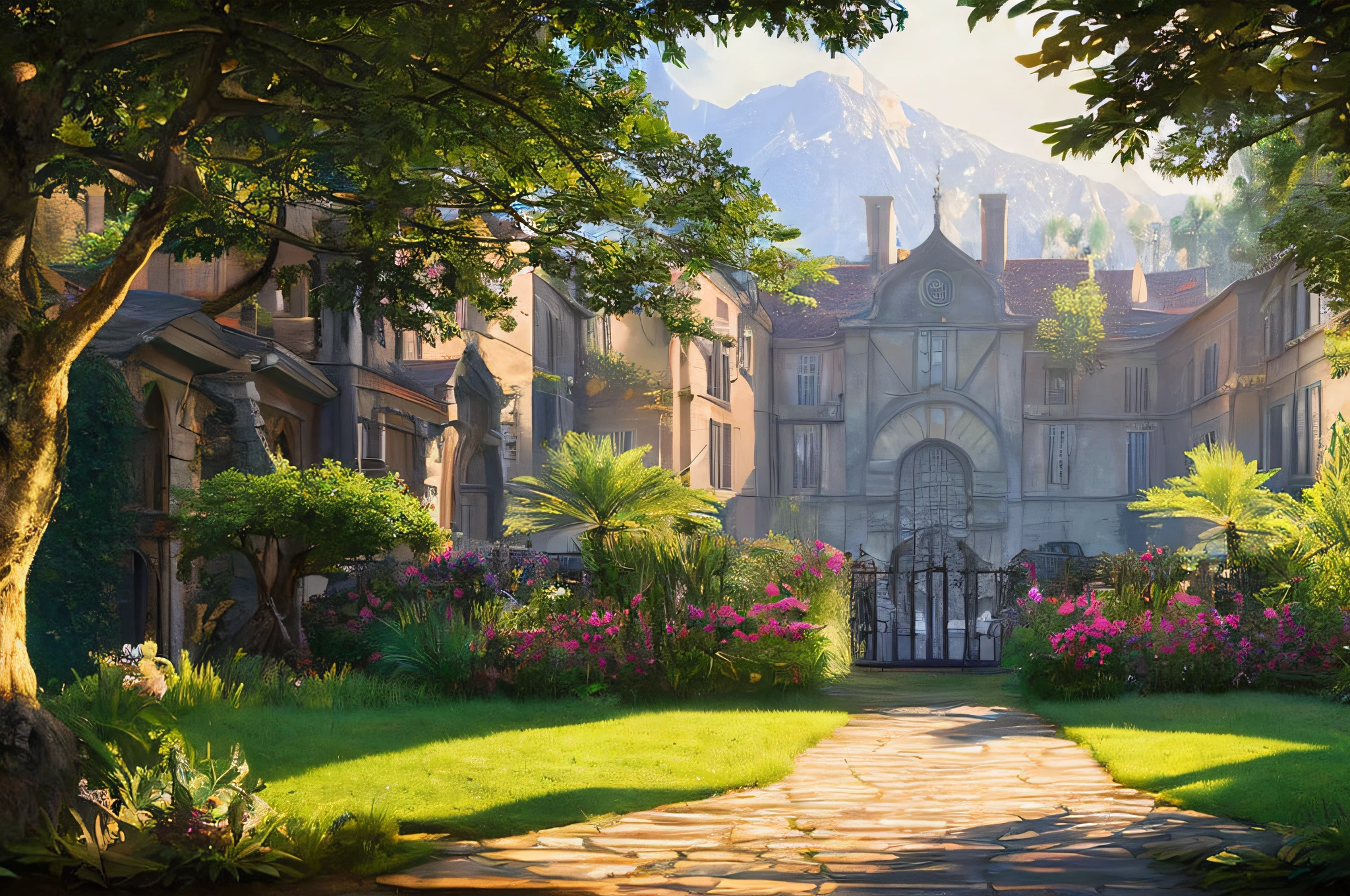 Generate an incredibly detailed and realistic image that brings to life the following scene: Imagine a picturesque courtyard basking in the gentle embrace of sunlight. The courtyard should be adorned with lush, emerald-green grass and overgrown, vibrant foliage that creates an enchanting atmosphere. In the heart of this tranquil setting, place three people who are engaging in a peaceful and leisurely moment, resembling the timeless aesthetics of traditional classic concept art. The image should strive to be a masterclass in high-detail background art and environment design illustration, capturing every intricacy of the scenery and the intricate play of light and shadow. Channel the essence of a beautiful artwork illustration, taking inspiration from Renoir's style to craft a concept art piece that is exceptionally detailed, mesmerizingly realistic, and rich in visual storytelling