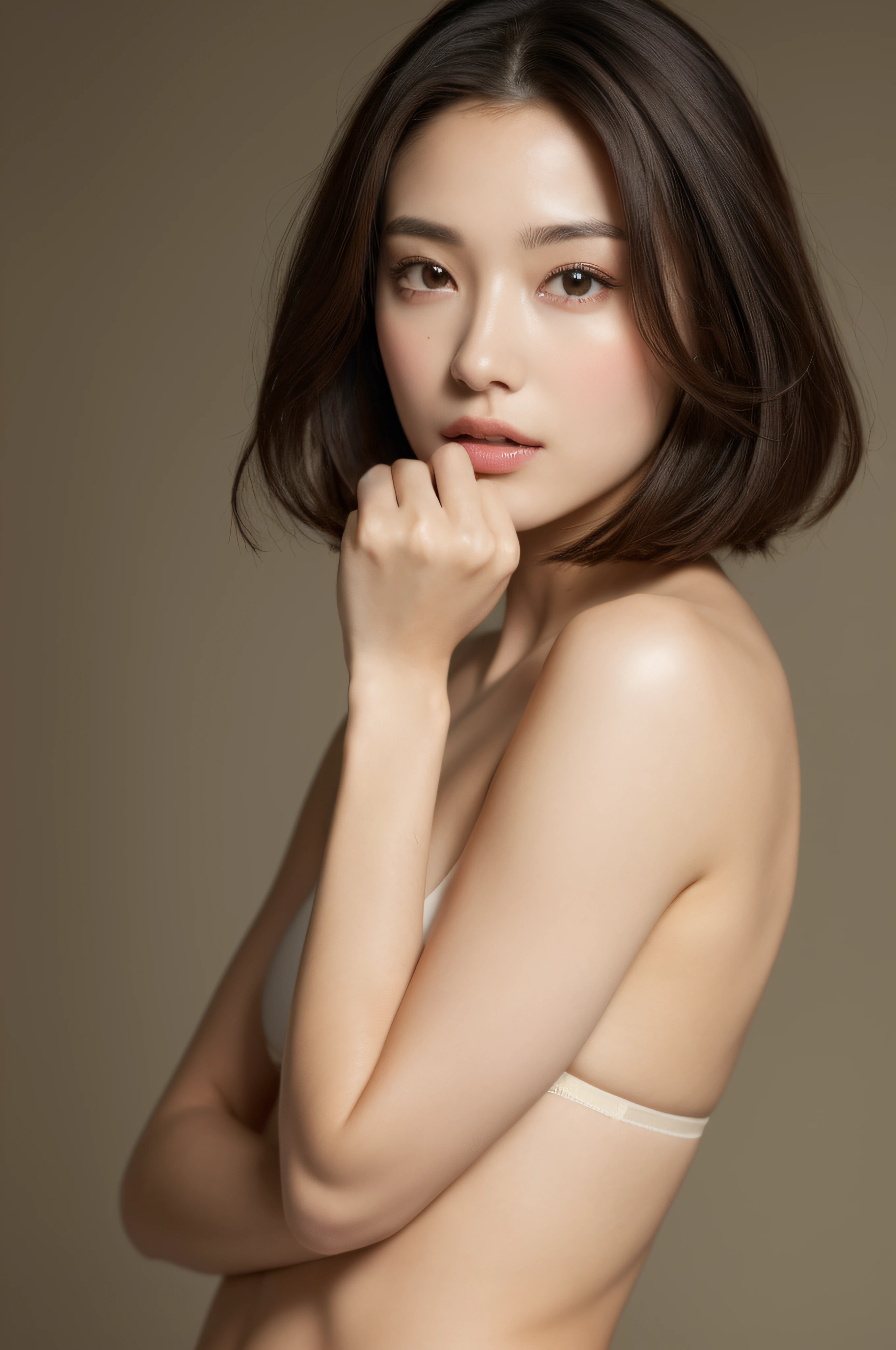(masuter piece:1.3)、(8K、Photorealsitic、Raw photography、top-quality: 1.4)、(1girl in)、very beautiful face、very beautiful face、very beautiful face、(Very realistic face)、(A dark-haired、short-hair:1.3)、Very beautiful hairstyle、Very realistic eyes、Very beautiful details、(Very realistic skin)、Very beautiful skin、(Underwear)、absurderes、Very attractive、超A high resolution、A hyper-realistic、high-detail、the golden ratio、the golden ratio、the golden ratio、Beauty、Beauty、Beauty。