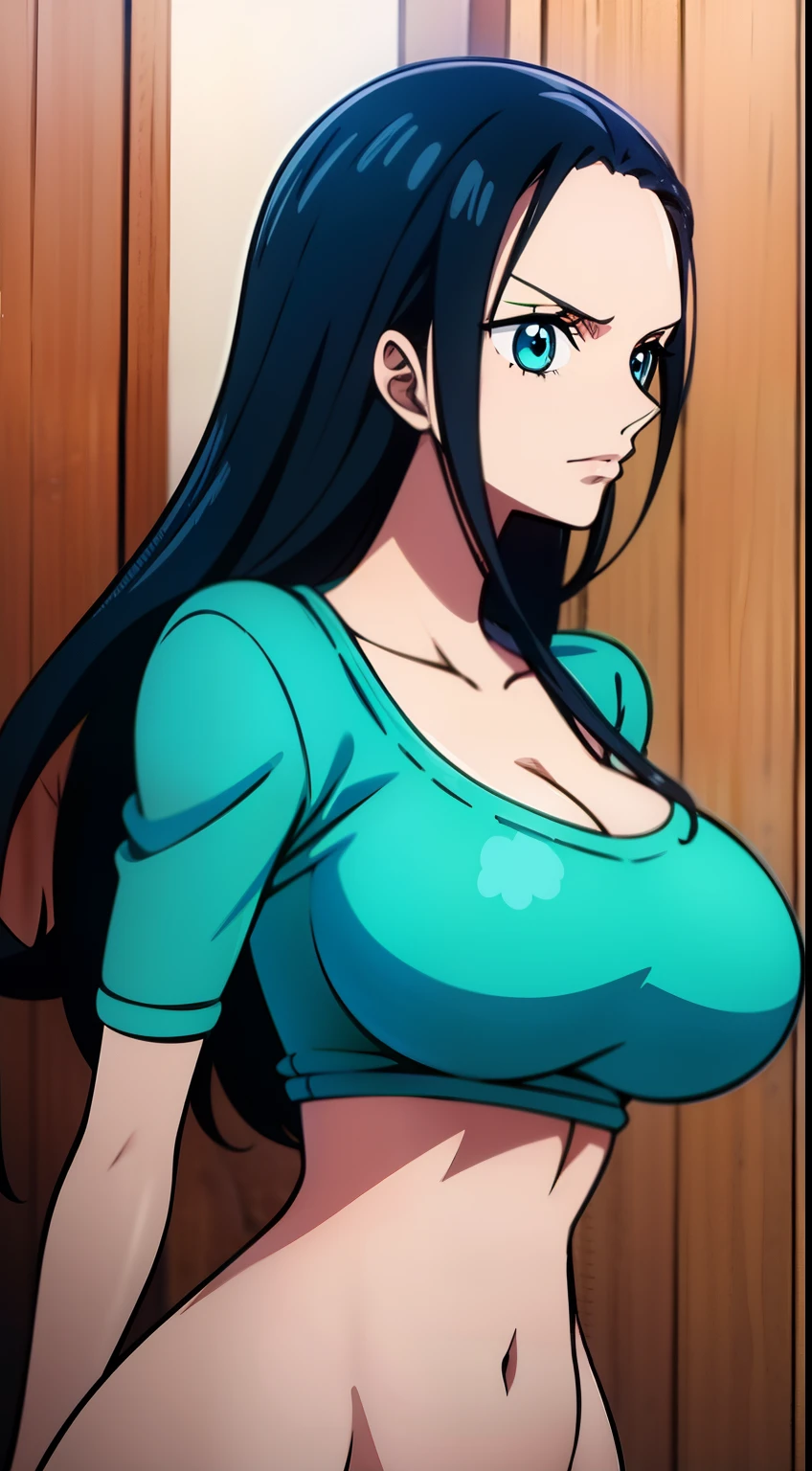 Nico Robin One Piece, 8k, Perfect quality eyes Blue eyes Nico Robin, 1girl, aqua eyes, Black hair,  massive breasts