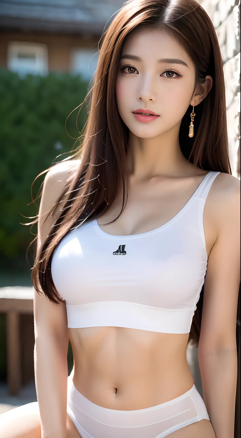 ((Realistic lighting、top-quality、8K、​masterpiece:1.3))、Clear Focus:1.2、1girl in、flawless beauty:1.4、Slim abs:1.1、((dark brown  hair))、(White crop top:1.4)、(outside of house、natta:1.1)、Park View、Superfine Face、Narrow-eyed、二重まぶた、huge tit:1.6