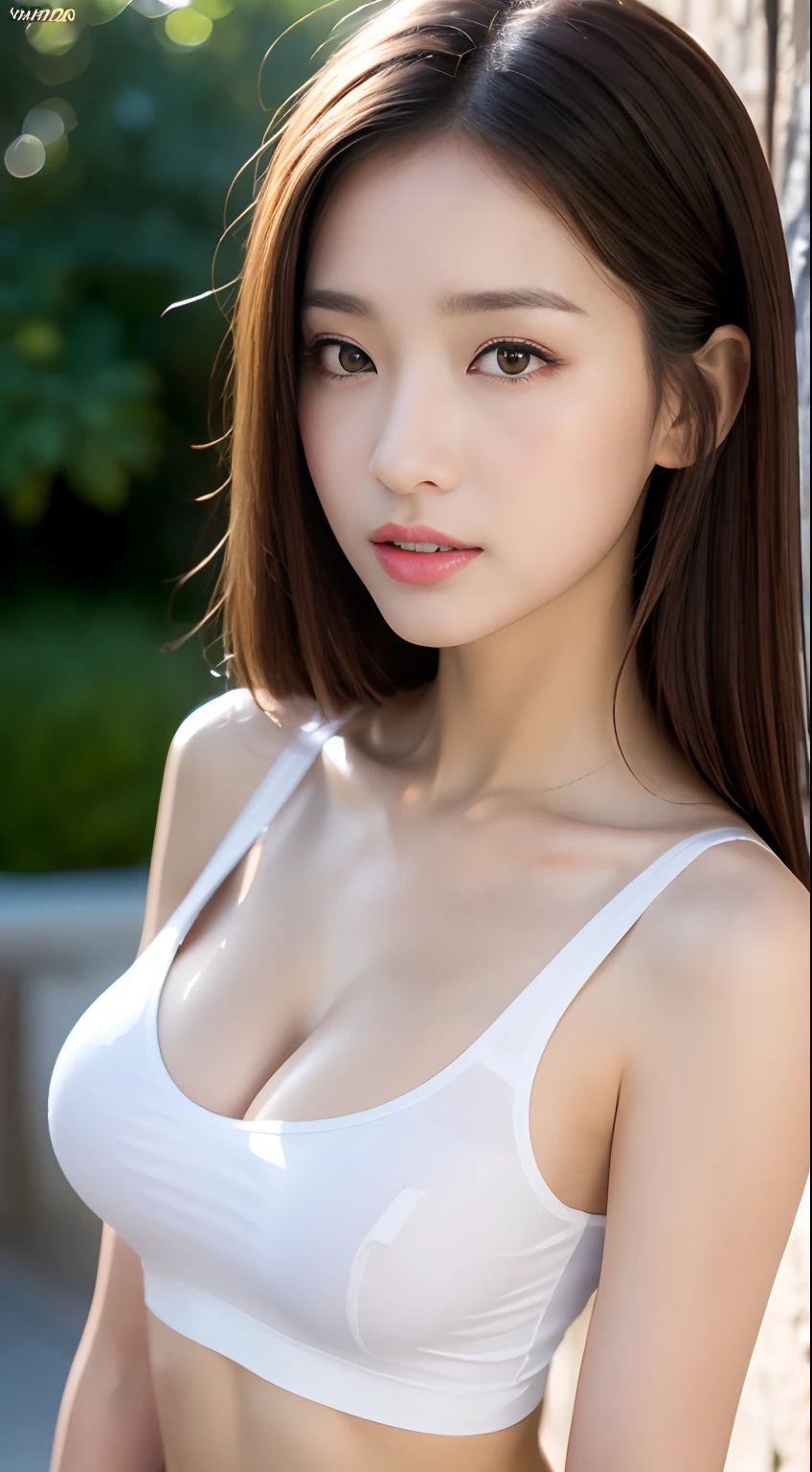 ((Realistic lighting、top-quality、8K、masterpiece:1.3))、Clear Focus:1.2、1girl in、flawless beauty:1.4、Slim abs:1.1、((dark brown hair))、(White crop top:1.4)、(outside of house、natta:1.1)、Park View、Superfine Face、Narrow-eyed、二重まぶた、huge tit:1.6