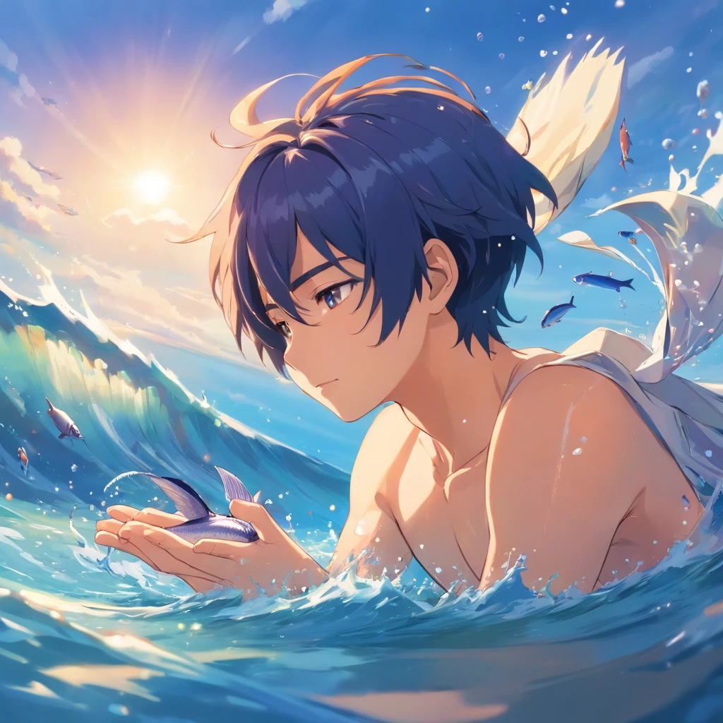 A handsome man，is getting up from the water，The skin is covered with fish scales，His hands are also full of fish scales，The face has fish scales，A beautiful male fish with scales and fins on its head，Pretty Fish，The background is covered with white and blue splashes，Two-dimensional style