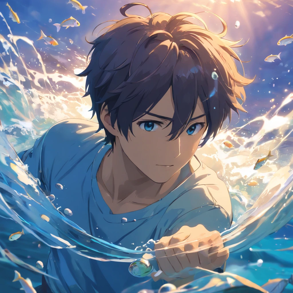 A handsome man，is getting up from the water，The skin is covered with fish scales，His hands are also full of fish scales，The face has fish scales，A beautiful male fish with scales and fins on its head，Pretty Fish，The background is covered with white and blue splashes，Two-dimensional style