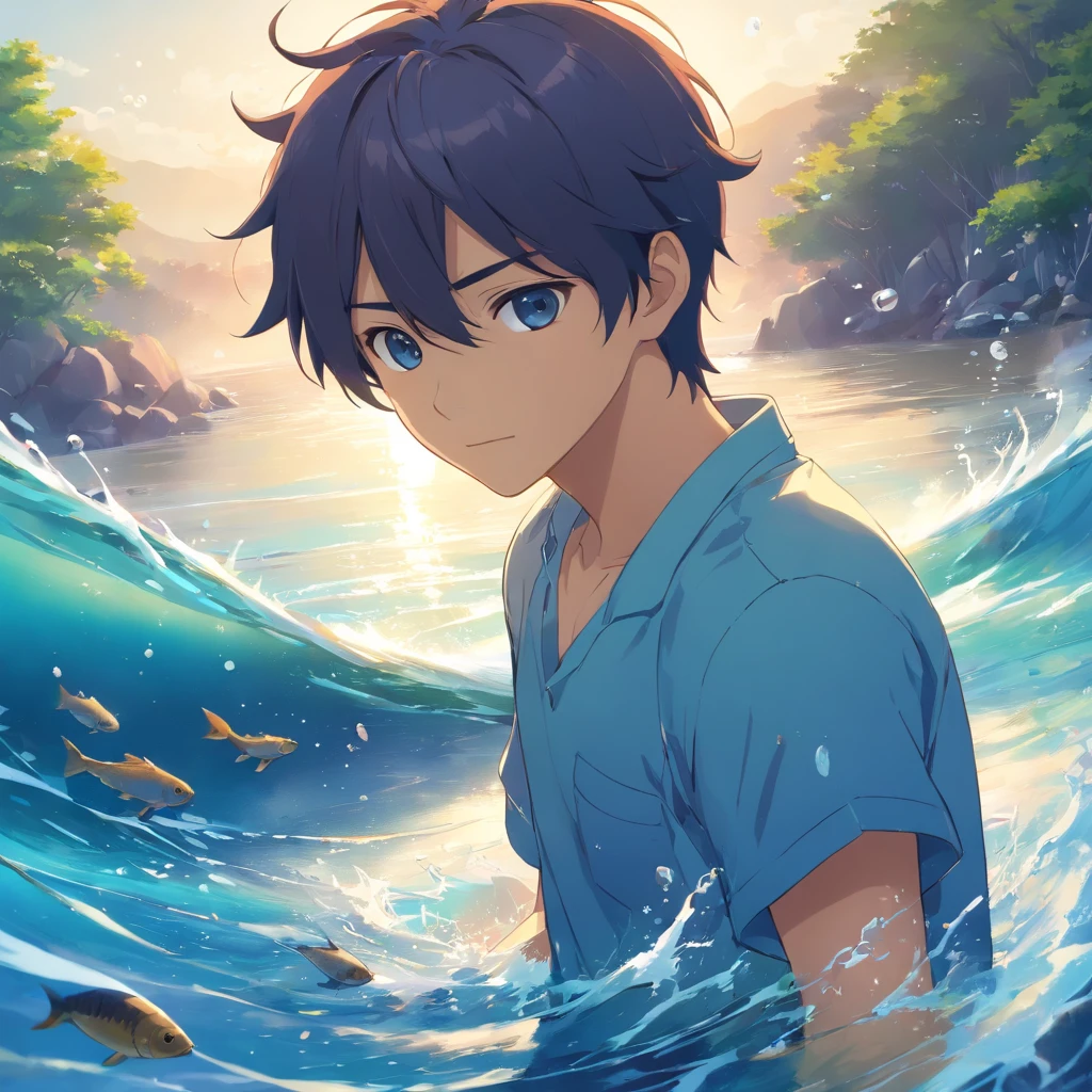 A handsome man,is getting up from the water,The skin is covered with fish scales,His hands are also full of fish scales,The face has fish scales,A beautiful male fish with scales and fins on its head,Pretty Fish,The background is covered with white and blue splashes,Two-dimensional style