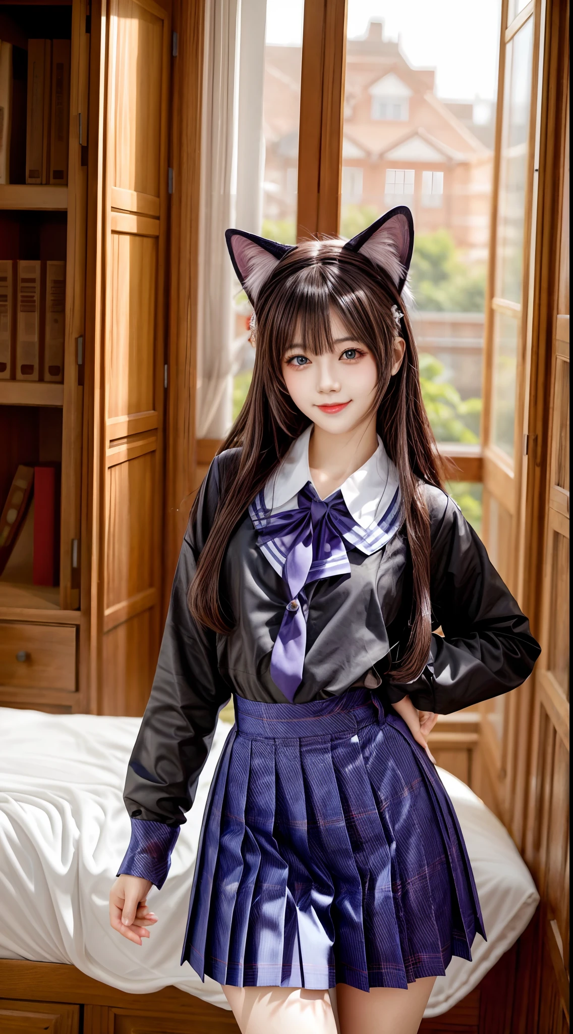 (masterpiece, best quality), 1 beautiful girl, cat ears, smile, slim body, (school uniform:1.1), (detailed beautiful eyes), paw gloves, bedroom, indoors,