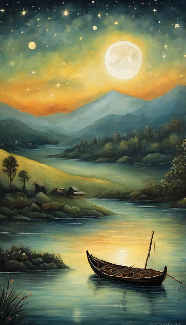 Night view of the old town，Seek and find，cheerless，The moon falls, the crescent moon falls into the lonely well，Fragmented，Bit by bit，There are flowers in dreams, green meadows in dreams，Long hair causes ripples，Shirabu Shishiiso，Kappa poles swing the boat，Crossing the ancient rare，（Small rivers），（Ancient boats），（There is a bright full moon in the distant night sky），（Shining stars），（Starcloud），（nighttime scene），(Inspired by Van Gogh:1.3)，（Van Gogh starry sky painting style:1.3），OilPaintStyle，8k wallpaper，light and shadow effect，Tyndall，rendering by octane，White balance，Unreal 5，Extremely detailed picture，depth of fields，tmasterpiece，realisticlying，RAY