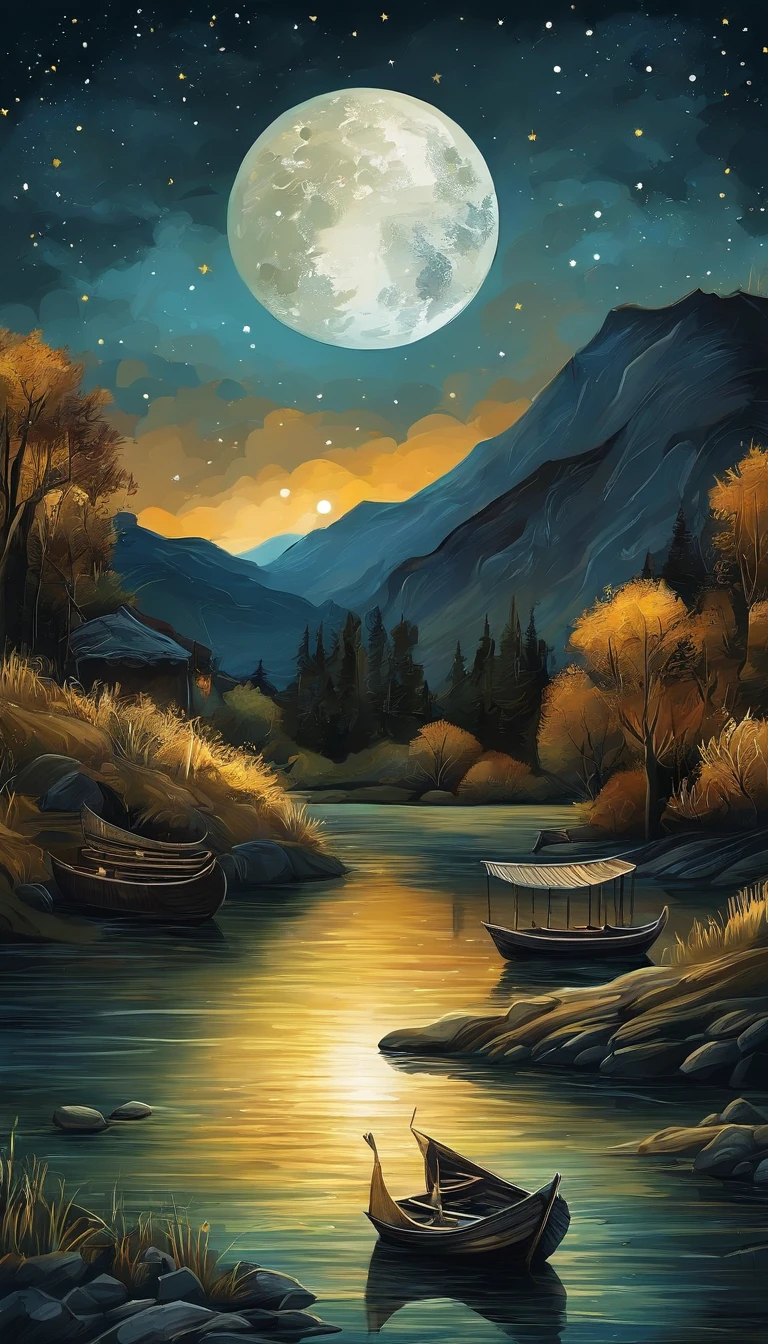 Night view of the old town,Seek and find,cheerless,The moon falls, the crescent moon falls into the lonely well,Fragmented,Bit by bit,There are flowers in dreams, green meadows in dreams,Long hair causes ripples,Shirabu Shishiiso,Kappa poles swing the boat,Crossing the ancient rare,(Small rivers),(Ancient boats),(There is a bright full moon in the distant night sky),(Shining stars),(Starcloud),(nighttime scene),(Inspired by Van Gogh:1.3),(Van Gogh starry sky painting style:1.3),OilPaintStyle,8k wallpaper,light and shadow effect,Tyndall,rendering by octane,White balance,Unreal 5,Extremely detailed picture,depth of fields,tmasterpiece,realisticlying,RAY