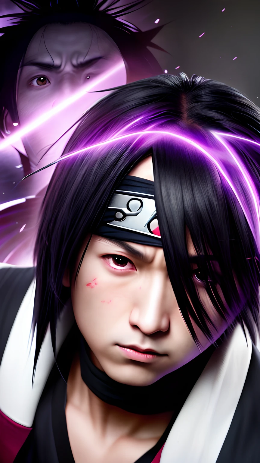 GlowingRunes_purple, live-action photos, masterpieces, nikon, close-up, super detailed face, soft lighting, left eye tightly closed bleeding, right eye glowing red, anime character with black hair and purple eyes on purple background, Sasuke Uchiha, Uchiha Itachi, Uchiha Madara, Kazuto Okakata, Hinata Hinata, Uchiha Itachi, Yushki, From Naruto, Akino Shinbo, Dragon, Naruto's Pain, Hiro, Fan Art