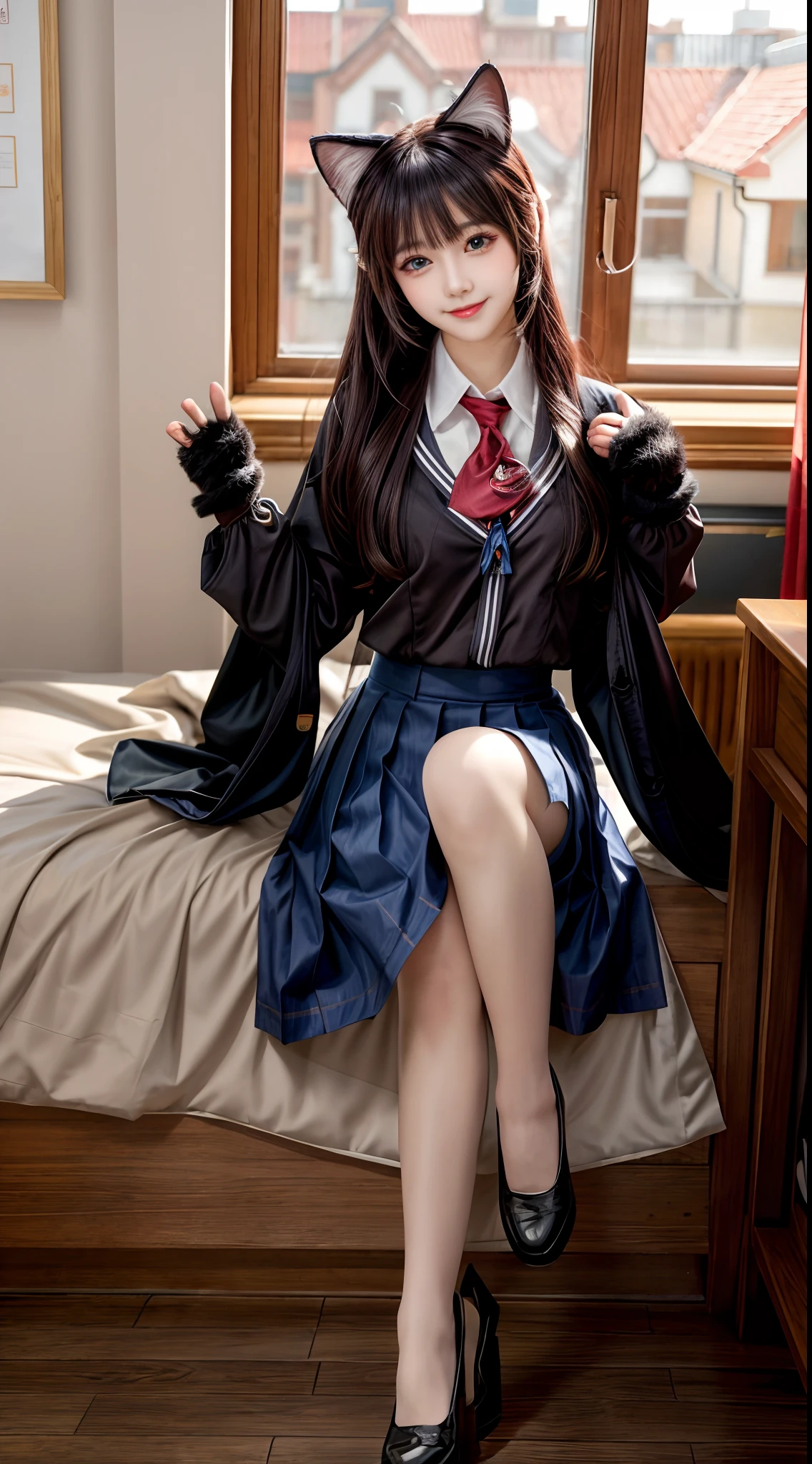 full body, full pose, ultra-detailed,highly detailed,best quality,masterpiece,illustration,realistic, photo,photorealistic, 1girl, tokisaki kurumi,cosplay,hair over one eye, looking at viewer, happy girl,light smile, low twintails, school uniform, blazer, collared shirt, neck ribbon, pleated skirt, pantyhose, hair rings, loafers, dynamic pose,sitting, legs forward, feets