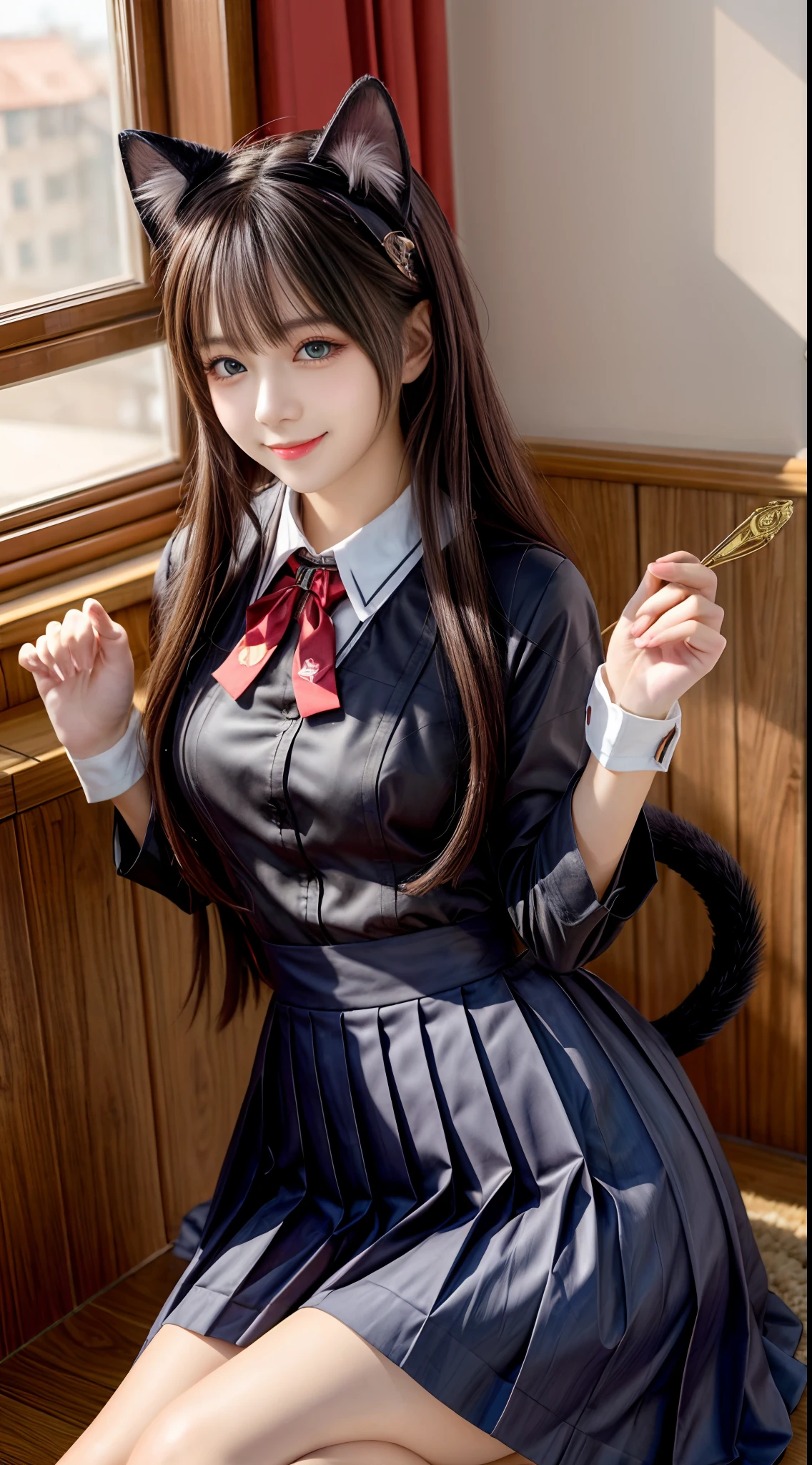 (masterpiece, best quality), 1 beautiful girl, cat ears, smile, slim body, (school uniform:1.1), (detailed beautiful eyes), paw gloves, bedroom, indoors,