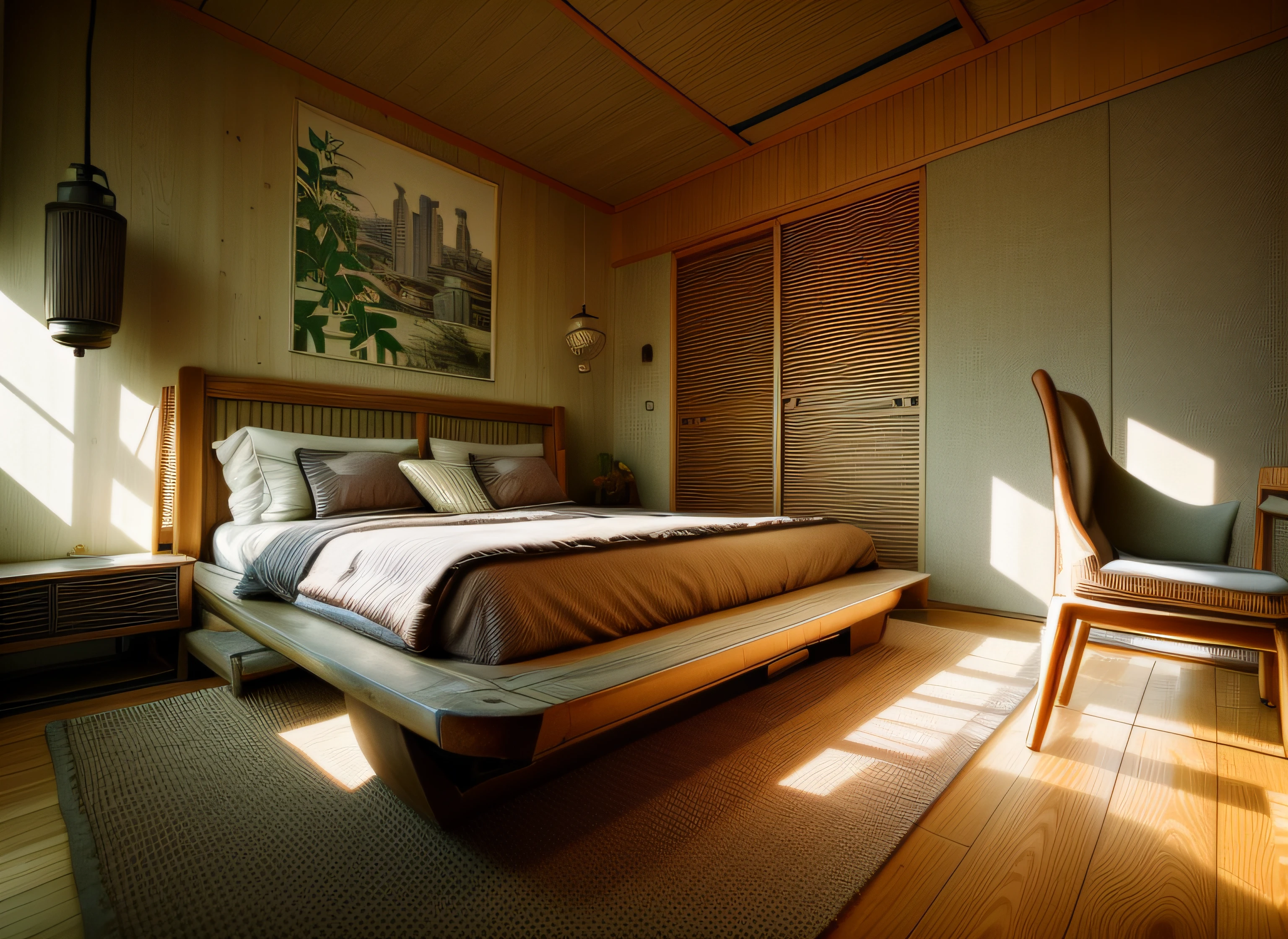 Interior design、Crazy detailed wide-angle building photos、cozy contemporary living room、(Bright warm sunshine 1:0.1)、award-winning contemporary interior design、Landscapes、DL、a chair、in a house、wooden floor、window、dining room、east asian east asian architecture、Sliding paper doors、lamp lights、buliding、the woods、naturey、Cups、A plant、Interior design、Insert lights and shadows、depth of fields、low illuminance