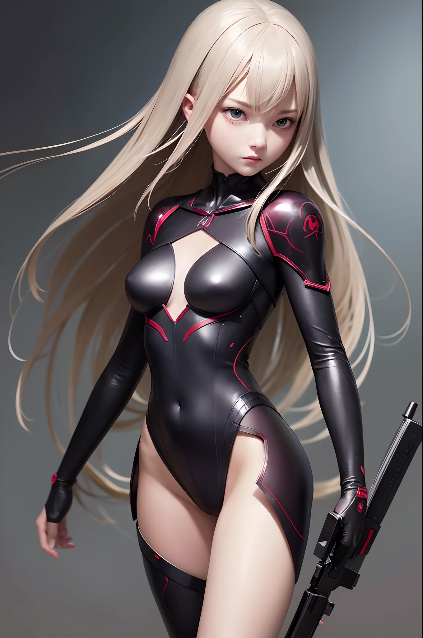 art by katsuya terada, art by range murata, art by akiman, art by JUNNY, Full body shot portrait of cute slender Young Japanese hit girl, Battle Scars, Realistic skin texture, Few moderate moles, wearing a suit, hold a gun, Red Circle nightclub in San Diego, Red and blue cinematic lighting, highly detailed, ray tracing, digital painting, concept art, smooth, sharp focus, illustration, 8k