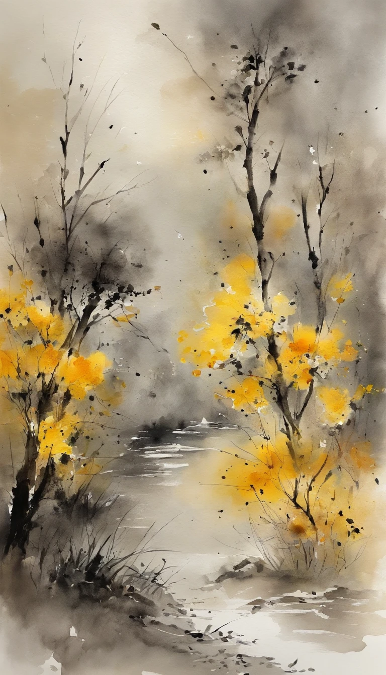 （Seek and find，cheerless，It's miserable。When it's warm and cold，The hardest thing to rest。Three glasses of two light wines，How to defeat him late and the wind is urgent！Goose pass also，Am sad，But it's an old acquaintance。 Yellow flowers pile up all over the ground，Haggard damage，Who is there to pick up today？Guard the window，How to be born black alone！Sycamore and drizzle，Until dusk，Bit by bit。This time the first，What a sad word！），（Chinese ink painting style），Ink painting style，Light and shadow are pastel，（Poetic landscape paintings），8k wallpaper，light and shadow effect，Tyndall，rendering by octane，White balance，Extremely detailed picture，depth of fields，tmasterpiece，realisticlying，RAY