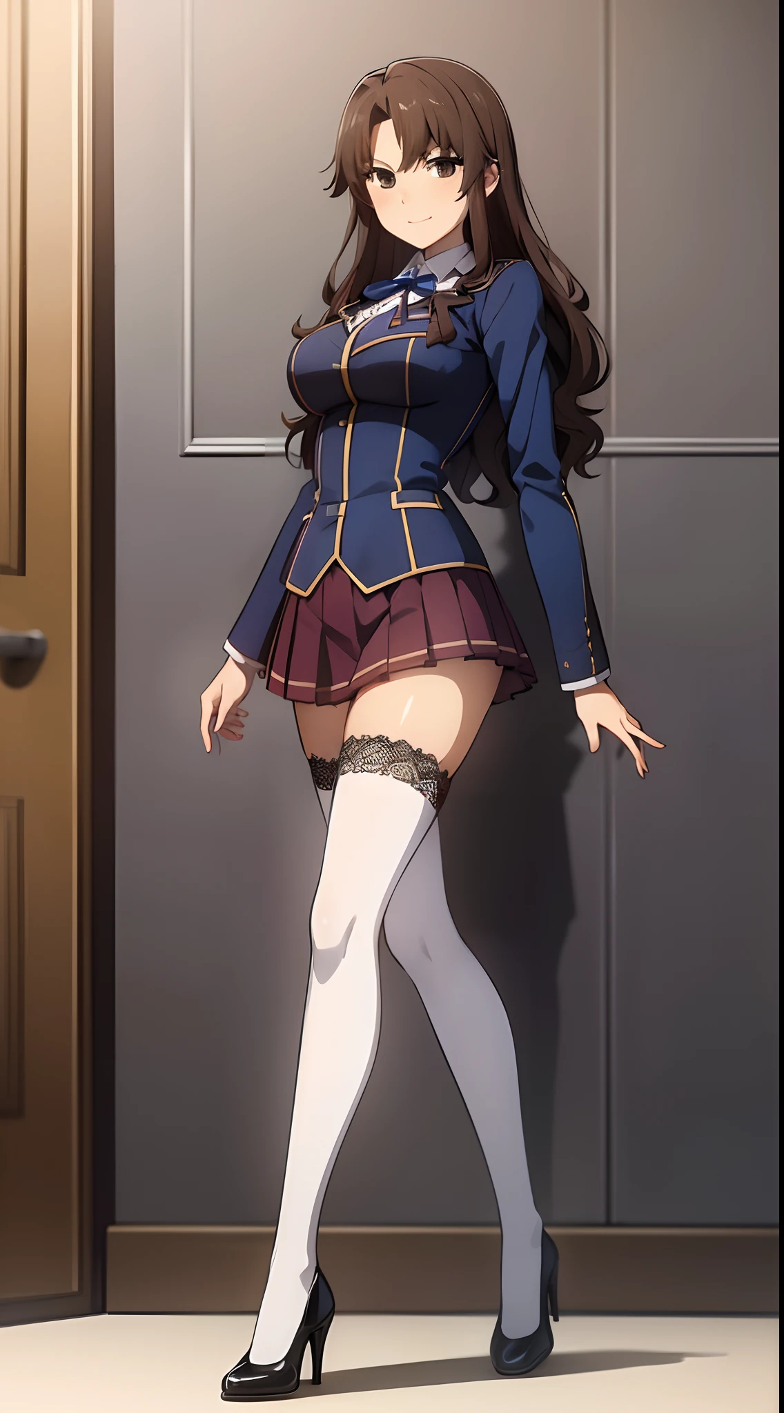Best Quality, (masutepiece:1.2), Highly detailed,Indoors,Tohsaka Rin,1girl in, Solo, Looking at the viewer, Closed mouth, slight smile, slight blush,Long hair, Brown hair, Blue eyes, Hair Ribbon,Homurahara Gakuen Uniform,(Skirt lift:1.3), (white panties:1.3)、(Skirt that rolls up:1.3)、(Fully exposed panties:1.5)