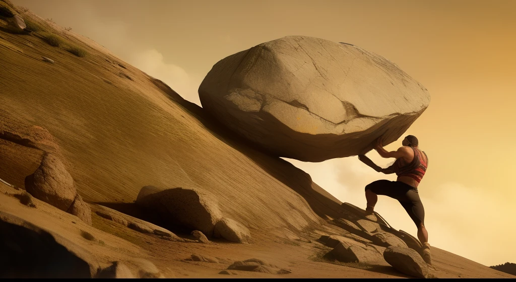 Homem de Arafed empurrando uma grande rocha para cima de uma colina, sisyphus compostition, o homem esculpindo-se em pedra, Alpinista, amazing photo, Directed by: Dennis Ashbaugh, Directed by: Richard Hess, Escalada, arte inspiradora, Pedregulhos, Overcoming the imbalance, Strongman, an amazing photo, the stone is rolling up, rochas grandes altas