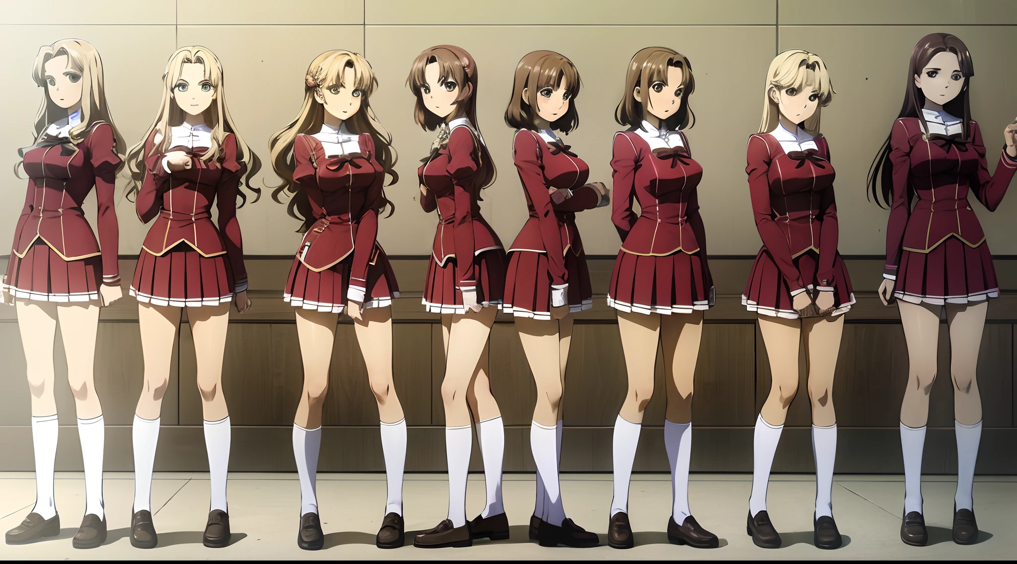 Masterpiece, high quality, multiple girls, group, identical sisters, blonde hair, brown hair, curly hair, (brown haired sisters, blonde sisters, many sisters, matching hairstyles, different hair colors), hazel eyes, medium sized bust, ((matching outfits, school uniforms)), smile, flat_color, same height, group pose, backs against each other, sister picture