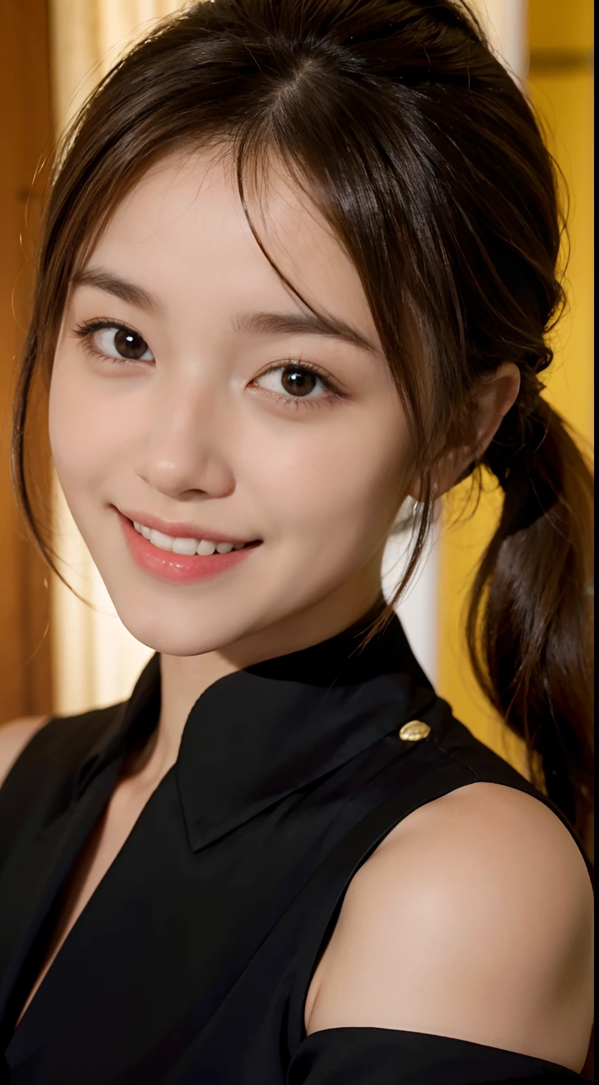 1 pretty girl，white skinned，brown  hair，looking at viewer，pony tail, happy smile, black suit, dynamic