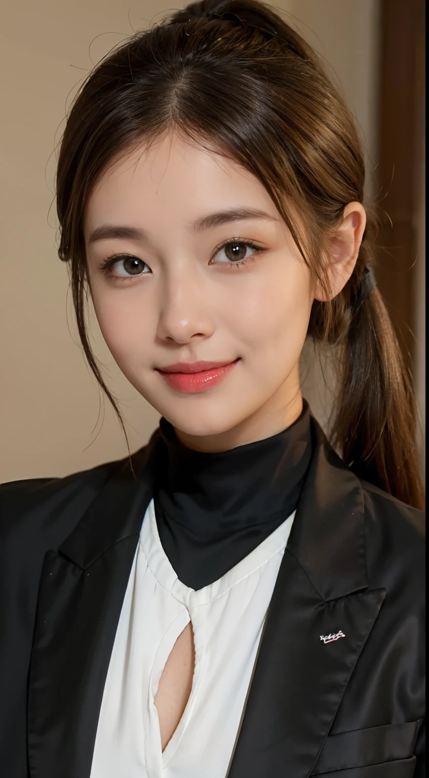 1 pretty girl,white skinned,brown hair,looking at viewer,pony tail, happy smile, black suit, dynamic
