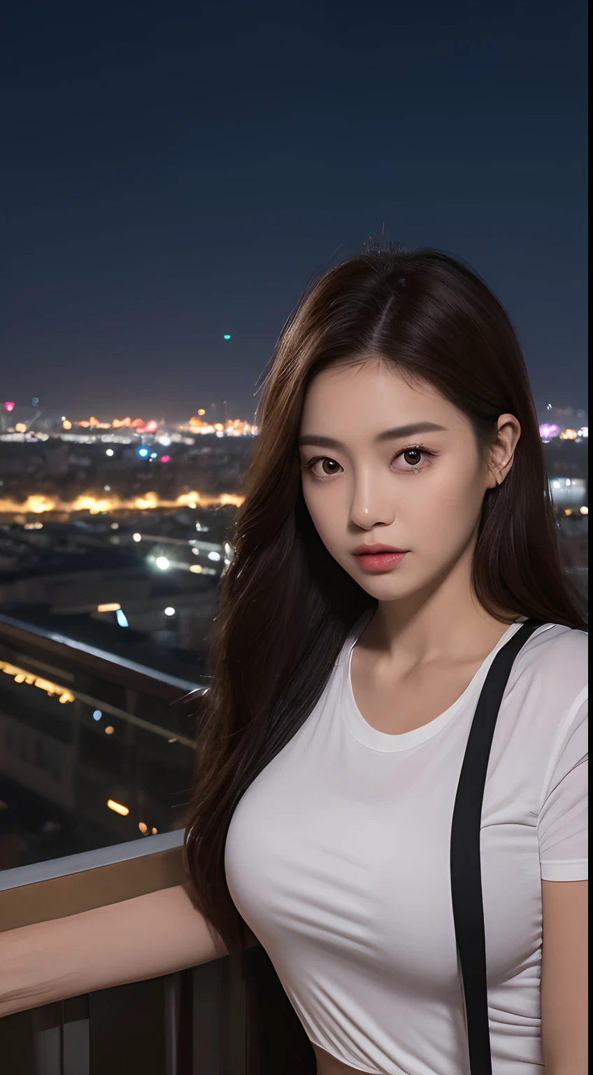 ((Midnight, Best quality, 8k, Masterpiece :1.3)), Whole body, Long legs, Sharp focus :1.2, A pretty woman with perfect figure :1.4, Slender abs :1.1, ((Dark brown hair, Big breasts :1.2)), (White tight tshirt, Jean bib, Standing:1.2), ((Night city view, Rooftop:1.3)), Highly detailed face and skin texture, Detailed eyes, Double eyelid