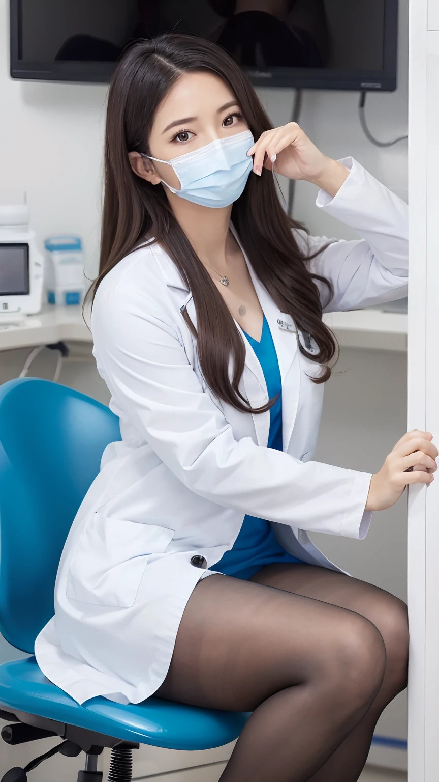 (((Beautiful dental hygienist)))、(((Appearance during treatment)))、medical mask、((Don't wear panties)), (((Leaning forward to look into the patient)))、(((Independent lab coat)))、(8K、top-quality、​masterpiece:1.2)、(reallistic、Photorealsitic:1.2)、 Phenomenally cute girl、18year old、(((Neat and clean lab coat)))、(((Hmm.)))、独奏、hospitals、sit on a chair with one's legs crossed、watching at viewers、(sit a chair:1.5)、(((Hospital Patient Rooms)))、Chest that looks like it's going to burst、Fine and beautiful eyes、)、(Dark blonde hair:1)、(Mature:1.1)、skirt by the, Nurse lab coat, Black stockings, A dark-haired, bblurry, blurry backround, knee high, Ro Black Pumps, life-like, length hair, s lips, Brown-eyed, Black socks, Onepiece, Accept the phallus from behind、 looking to side, ​masterpiece, top-quality, ultra-detailliert、Inviting eyes、