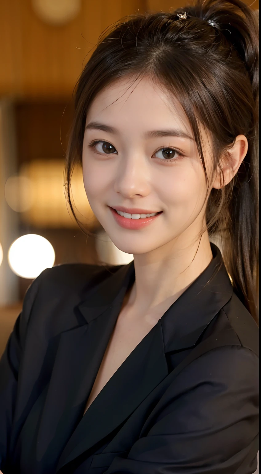 1 pretty girl,white skinned,brown hair,looking at viewer,pony tail, happy smile, black suit, dynamic