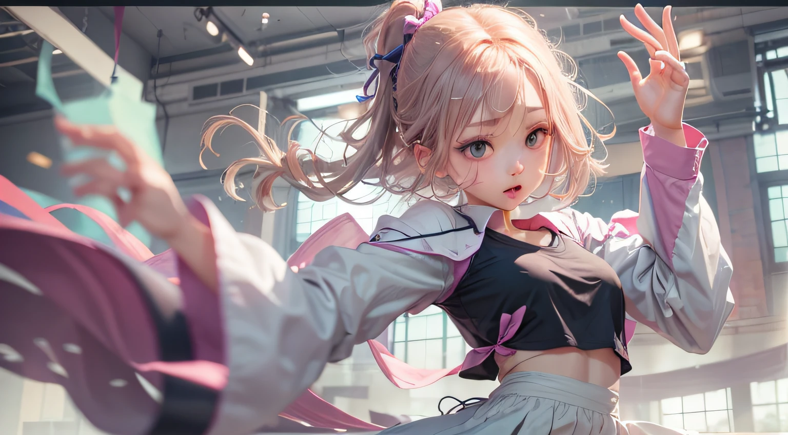 Girl dancing hard、Dynamism、Longhaire、Slender body、In the dance studio、Big shirt、Right hand extended forward、Left hand in front of chest