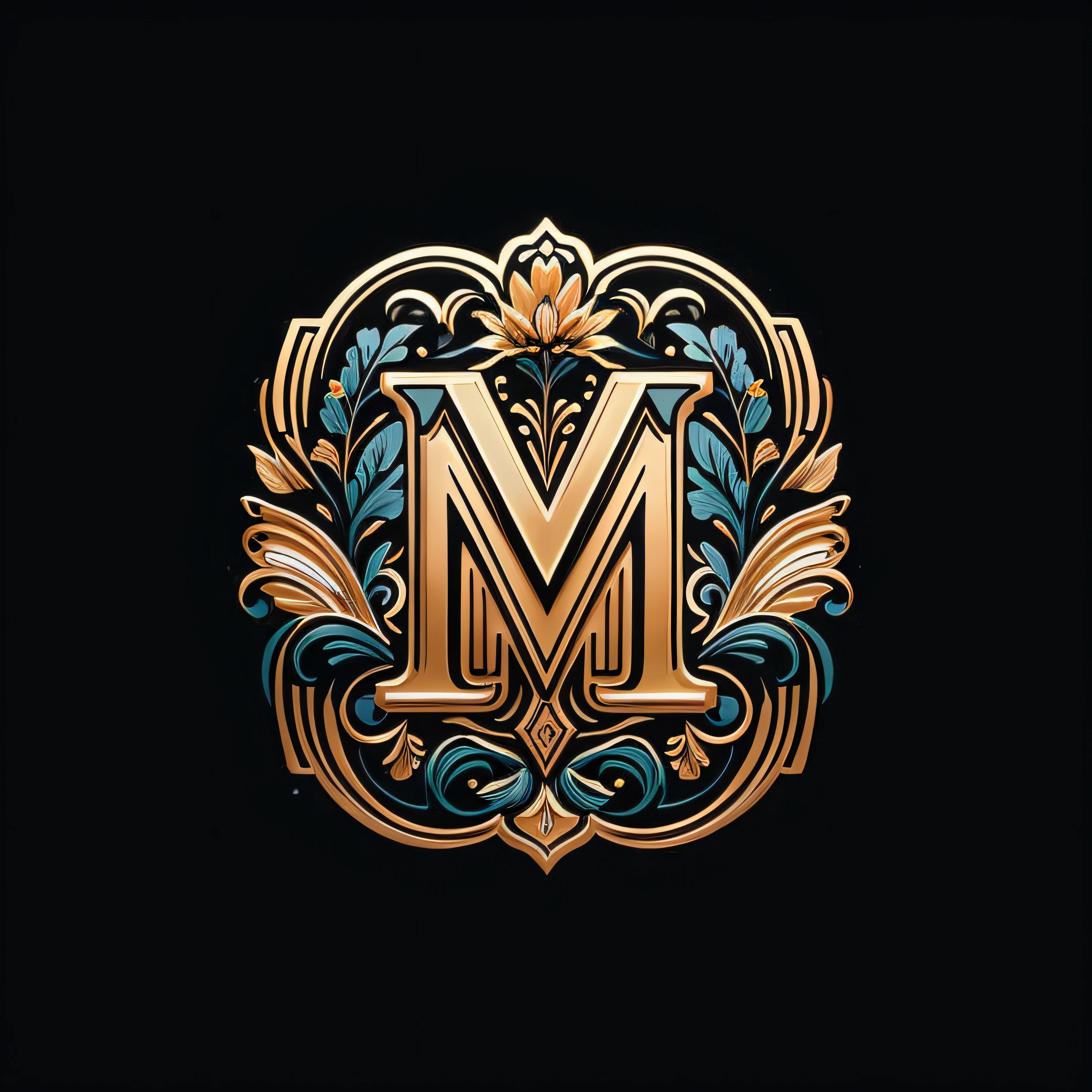 Um close up de uma letra M com um design decorativo, Obra-prima Art Nouveau, Estilo Art Deco Medieval, Arte Nova maximalista, Directed by: Luis Miranda, black gothic letter m, muito ornamentado, elegante estilo art nouveau, magnificent design, obra-prima obra de arte, estilo de arte medieval, Directed by: Marcin Zaleski, majestosa obra-prima, Medieval muito detalhado, Obra-prima do museu