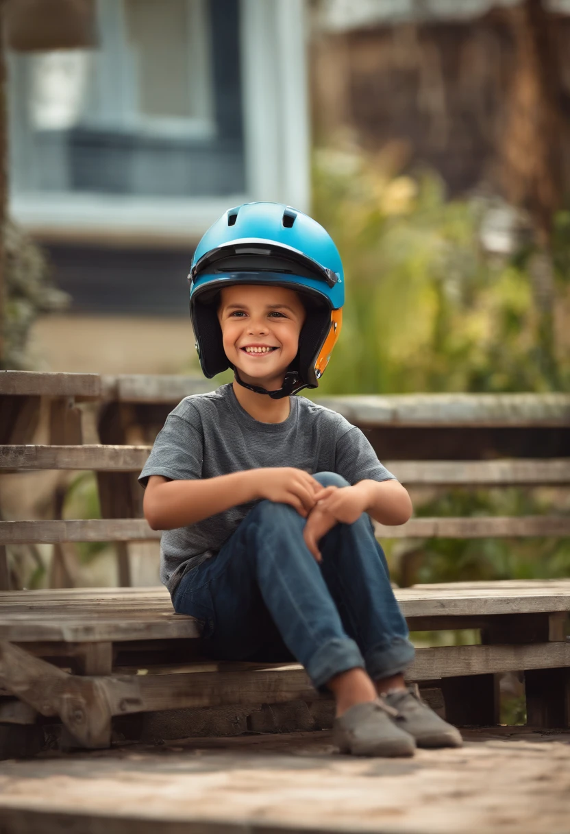 Smiling boy sitting with a helmet, Sur la table une television