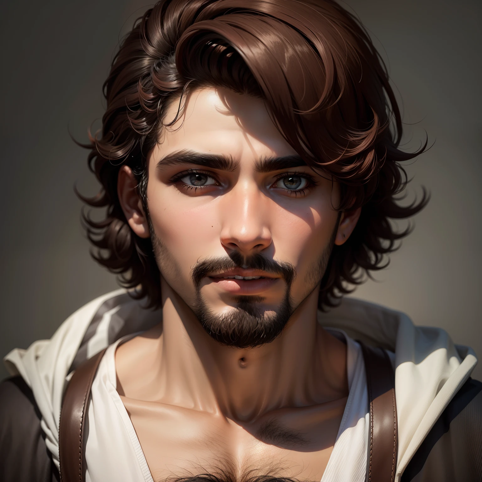 Jovem moreno , cabelo medio , olhos preto, bigodinho