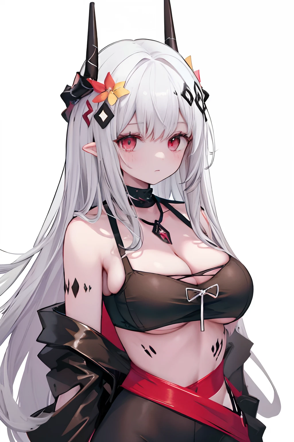 million dollars, Horns, Black sports bra, Black ribbon, 1girll, Huge breasts,cleavage, bare shoulders,White storm jacket,frock,sporty attire,Loose white trousers,red color eyes,head bowed slightly,Extremely detailed face, Perfect lighting, Extremely detailed CG, (Perfect hands, Perfect anatomy),Red and black theme,
apathy,looking at viewert,expressiveless,